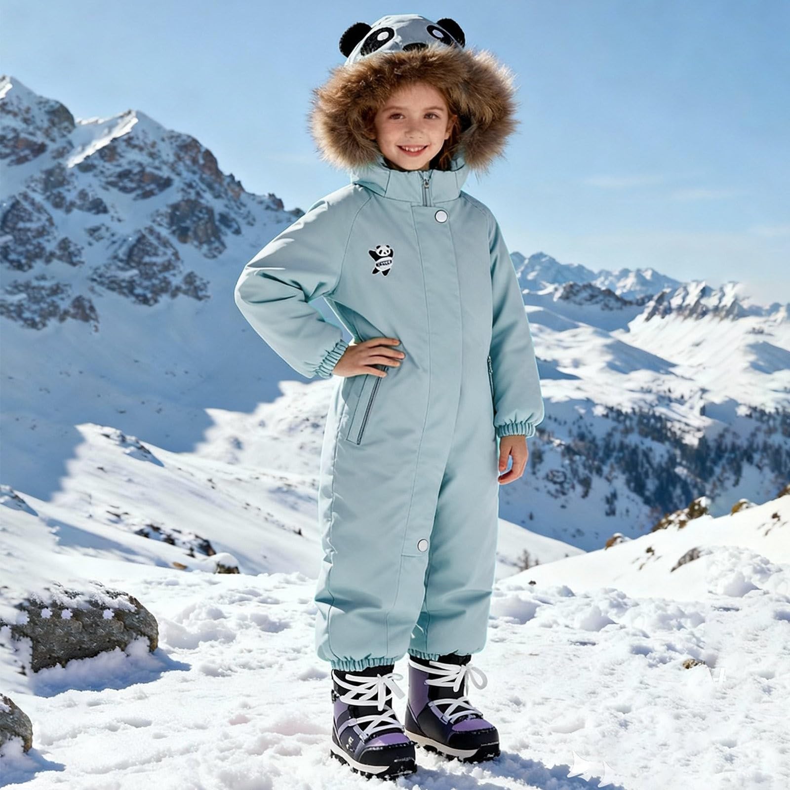 Mono de nieve con capucha de piel y bolsillos, traje de esquí para niños, cálido, resistente al viento, impermeable, traje de nieve de manga larga, traje de esquí para exteriores, chaqueta de nieve