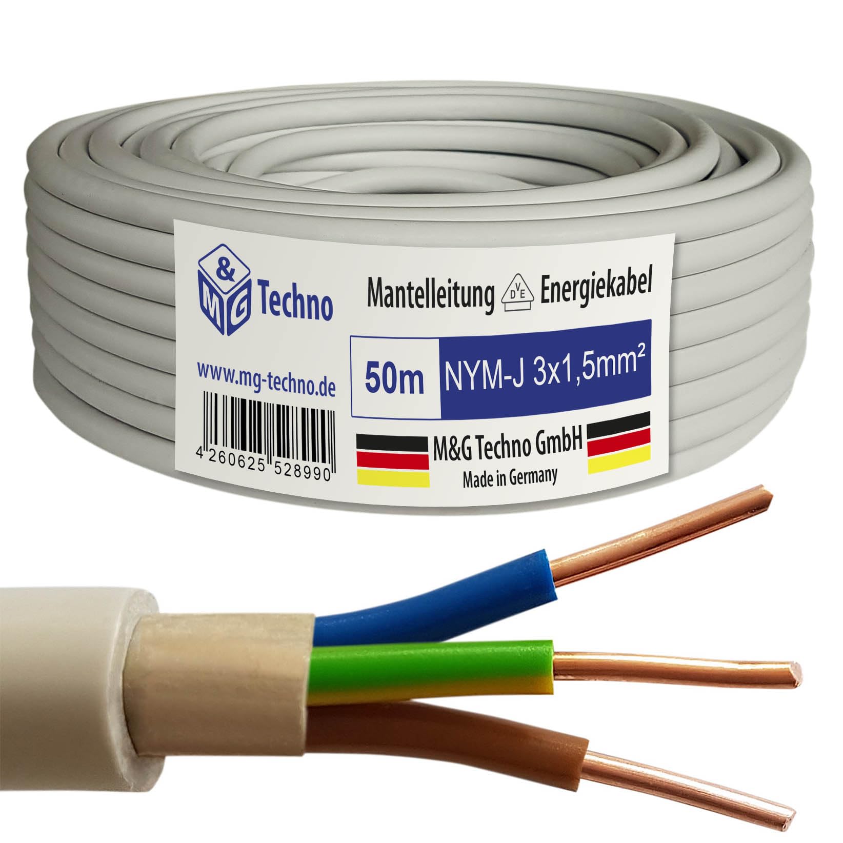 M&G Techno 50m NYM-J 3x1,5 mm² Mantelleitung Feuchtraumkabel Elektrokabel Kupfer Made in Germany
