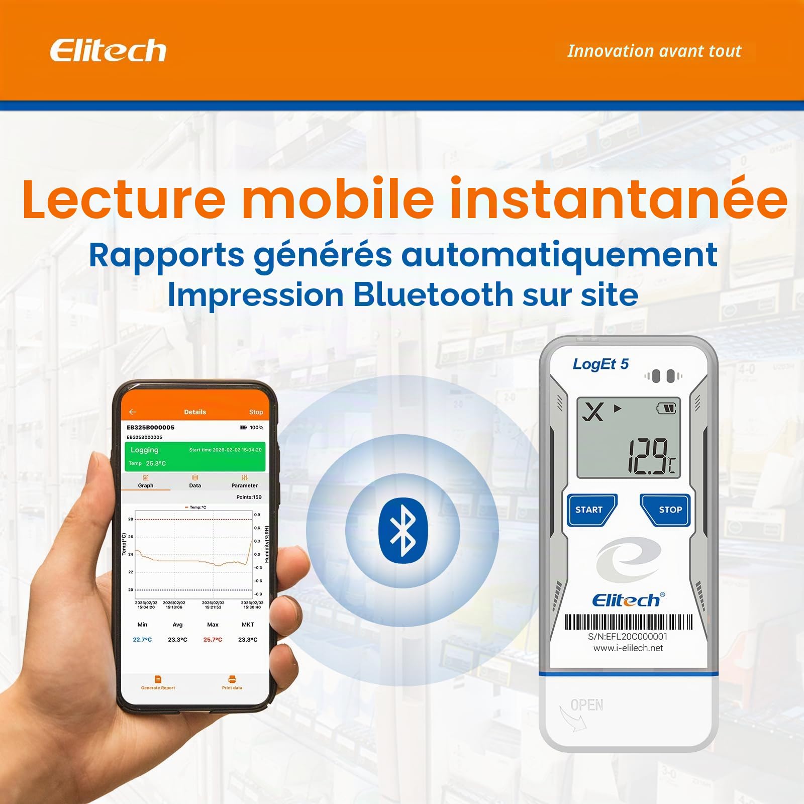 Elitech Enregistreur de Température et d'Humidité USB Bluetooth, Réutilisable avec Données pré-enregistrement, Rapports PDF CSV Automatiques, Thermomètre de Réfrigérateur 32 000 Points LogEt5BTH