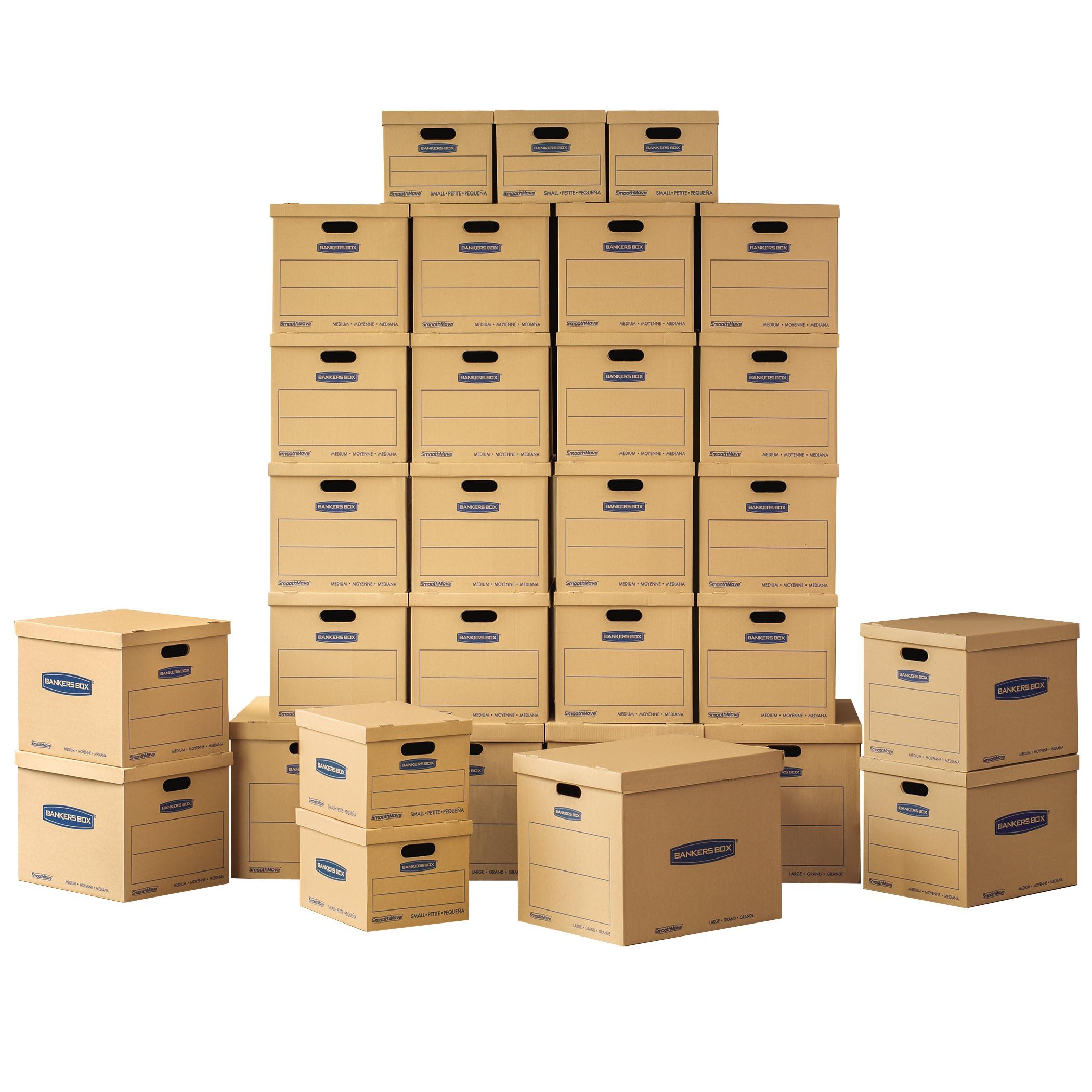 Bankers Box Classic Moving Box 30 Pack Kit, Reinforced Handles, Tape-Free Assembly, Box with Lid, 20 Small 5 Medium and 5 Large Boxes (7716501)