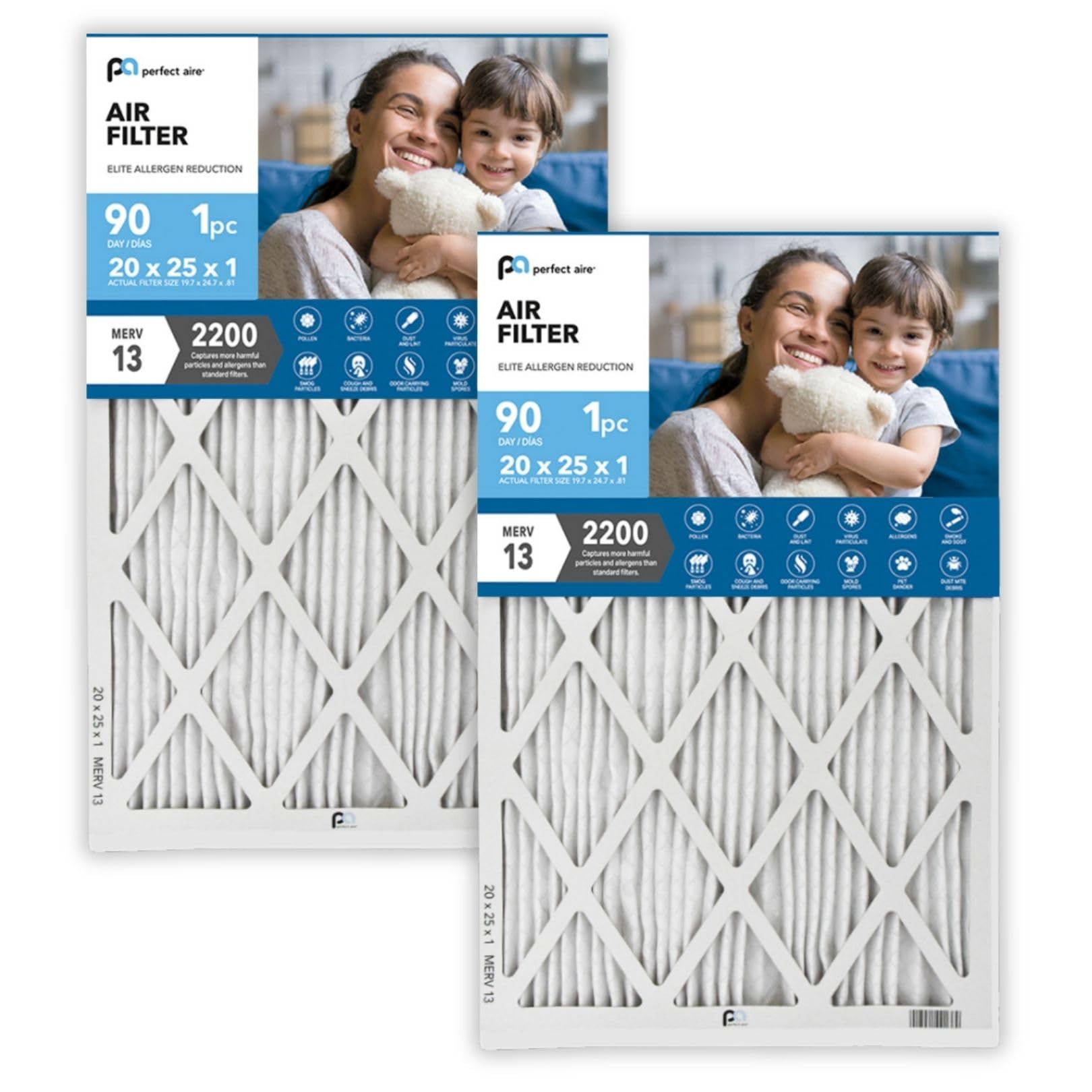 Perfect Aire Elite Air Filter MERV 13 - Electrostatically Charged Pleated Dual Airflow HVAC Filter - Lasts 90 Days (2 Pack, 20x25x1)