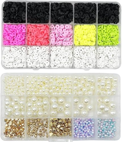 LRDCREEE El kit de 4020 cuentas de perlas para hacer pulseras, incluye 3000 piezas de espaciador de polímero redondo plano negro y blanco, cuentas
