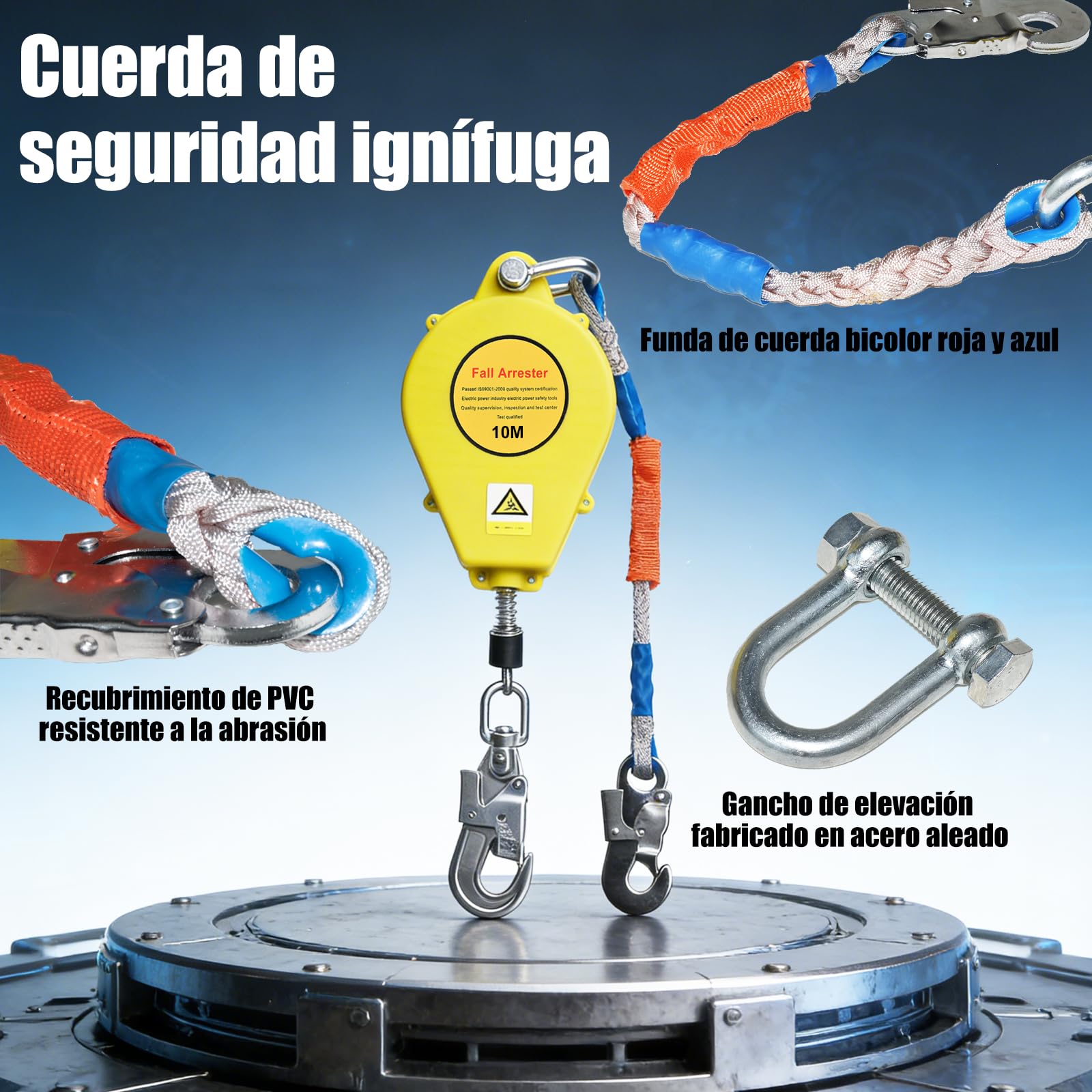 Dispositivo Anticaídas Retráctil, Equipo De Seguridad Para Trabajos En Altura Con Línea De Vida Retráctil 10/15/20 m, Ideal Para Mantenimiento Y Escalada(Amarillo,10m)