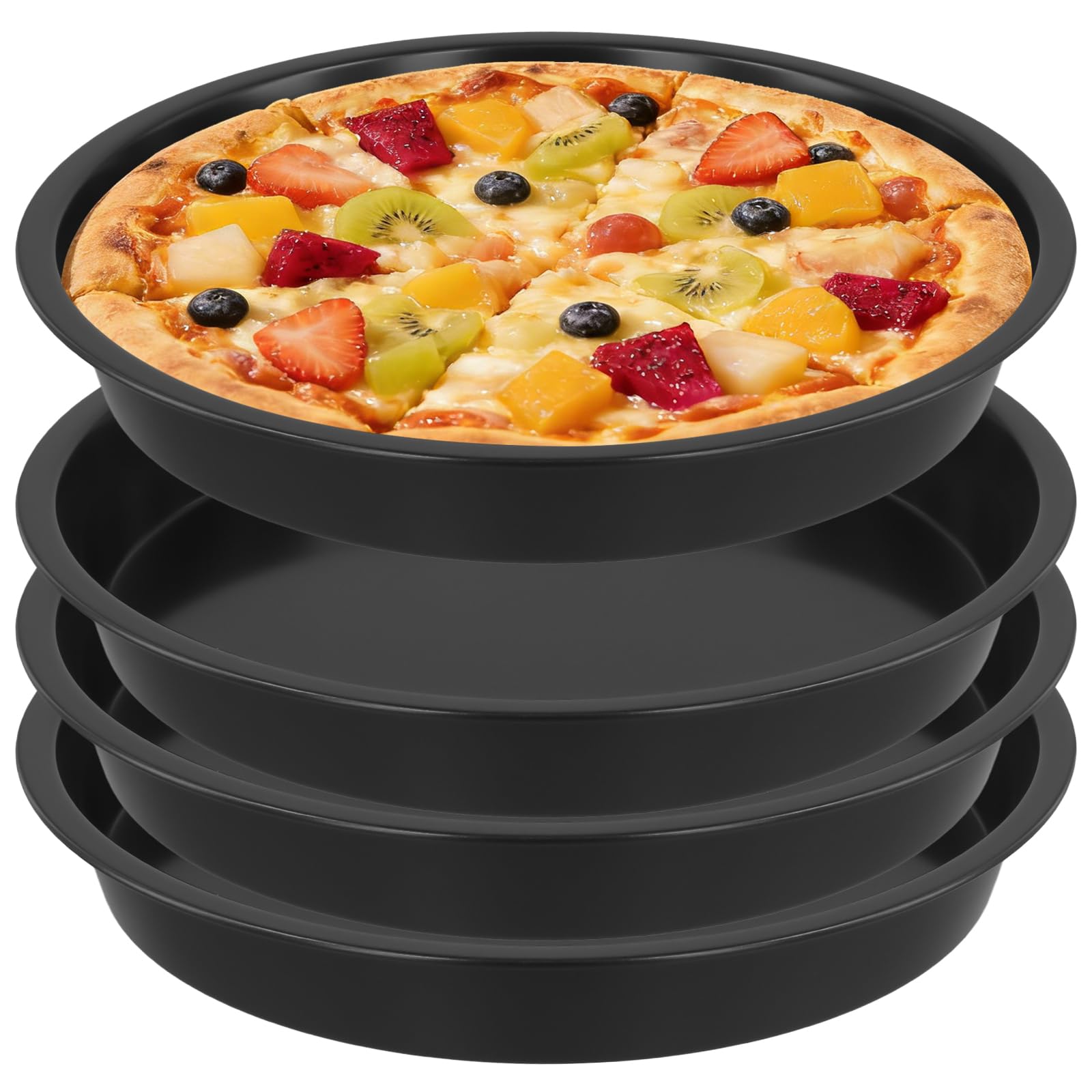 JEUIHAU 4 PCS 8 Inch Non Stick Round Pizza Tray, Deep Carbon Steel Baking Pan, Durable Bakeware for Oven and Home Kitchen, Black