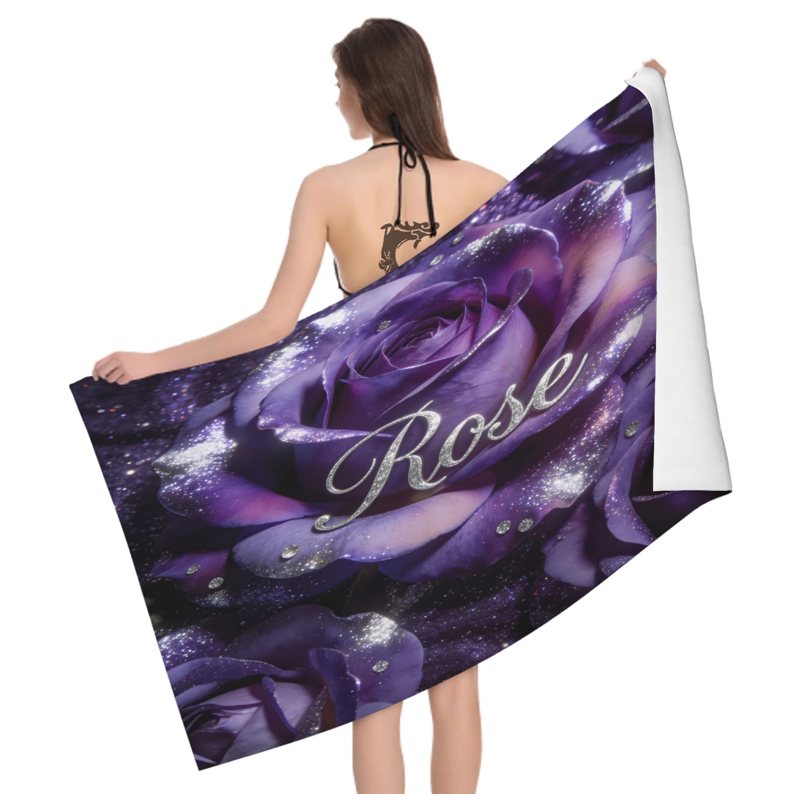 Leichong 3D Purple Rose Printed Beach Towel Microfiber Soft Quick Dry for Adults, Romantic Theme Bath Towel Lightweight Soft Absorbent for Travel Swimming Pool Sports, 75 x 150 cm