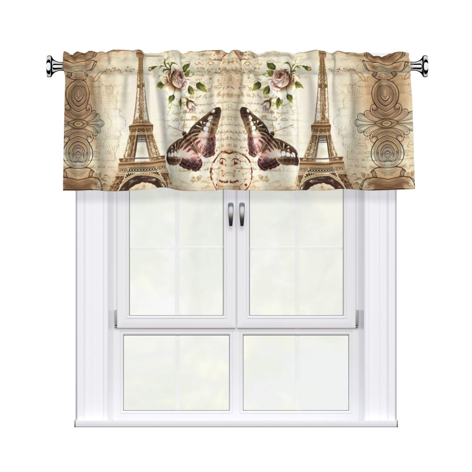 WHJDPP Vintage Paris Eiffel Tower Butterfly Prints Charming Kitchen Window Cover – 54x18 Inch Peach Skin Valance with Decorative Print