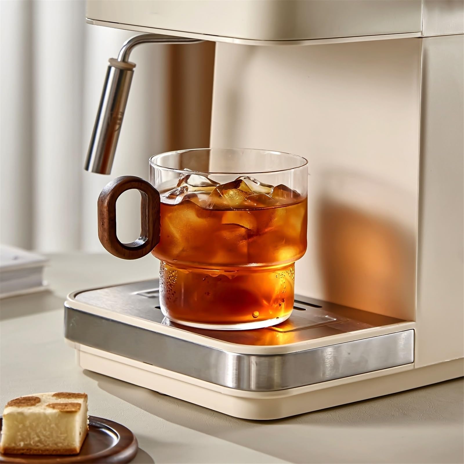 Kaffeetassen-Set aus mit Untersetzer, 330 ml, klare Tassen aus Borosilikatglas mit Griff aus Walnussholz for Saft