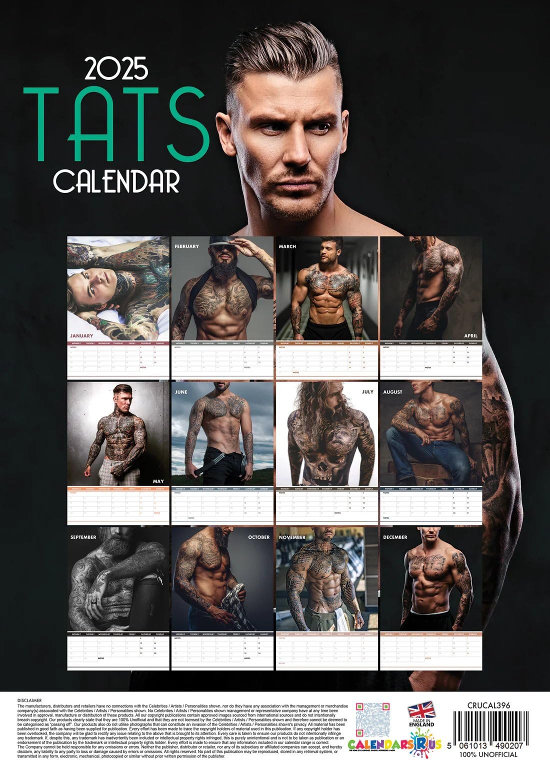 Tattooed Men 2025 A3 Size Wirobound Wall Calendar, 12 Months