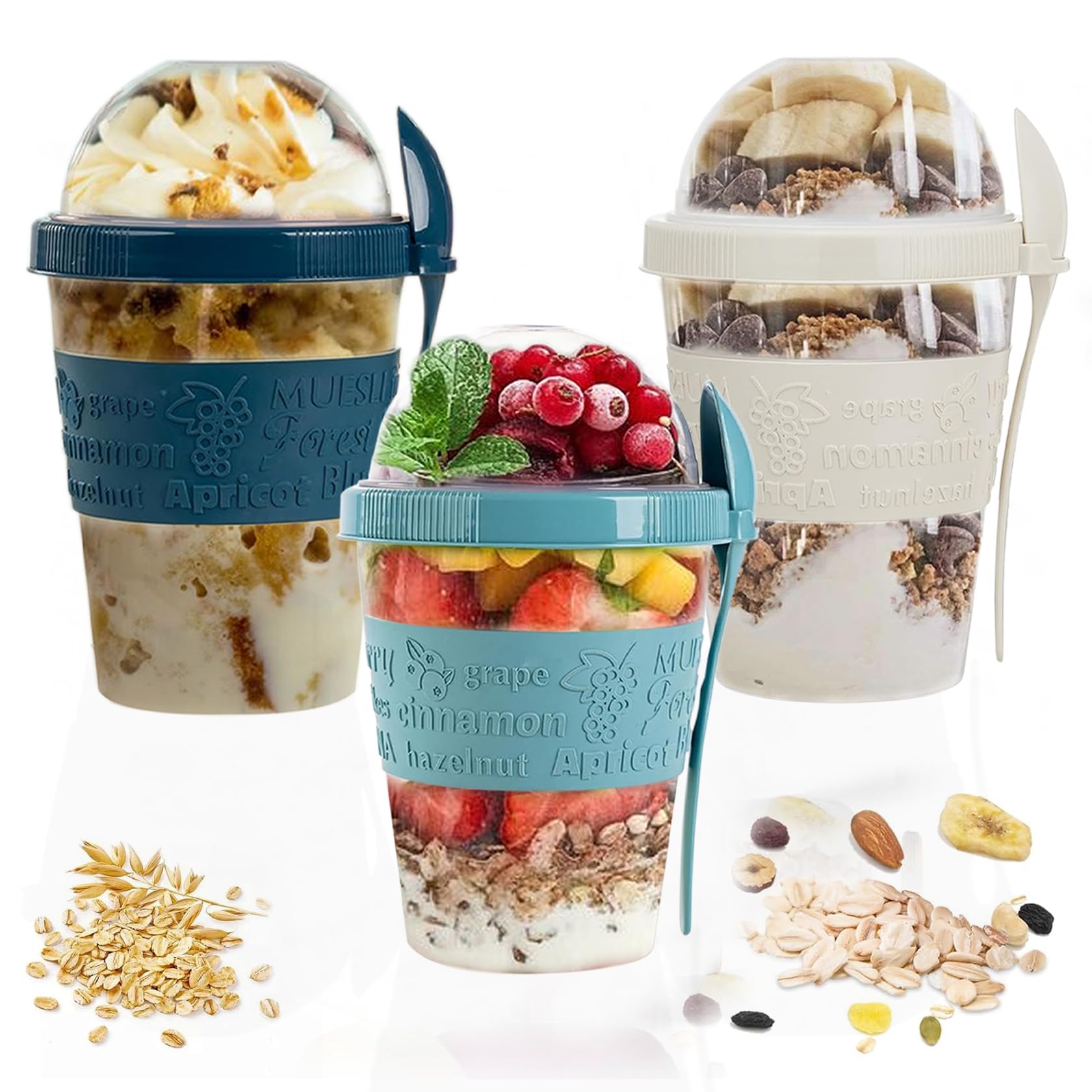 SAFRI 600ml Over Night Oats Container Reusable Yogurt Cups 100% BPA Free Breakfast On The Go Cereal Yogurt Pot with Lids and Spoon (White, Teal Blue & Turquoise Cup)