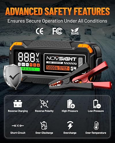 Miniatura 2 de NOVSIGHT Arrancador de batería de automóvil  Arrancador de batería portátil de 5000 A (12.0 L de gasolina10.0 L diesel) caja de arranque de coche de