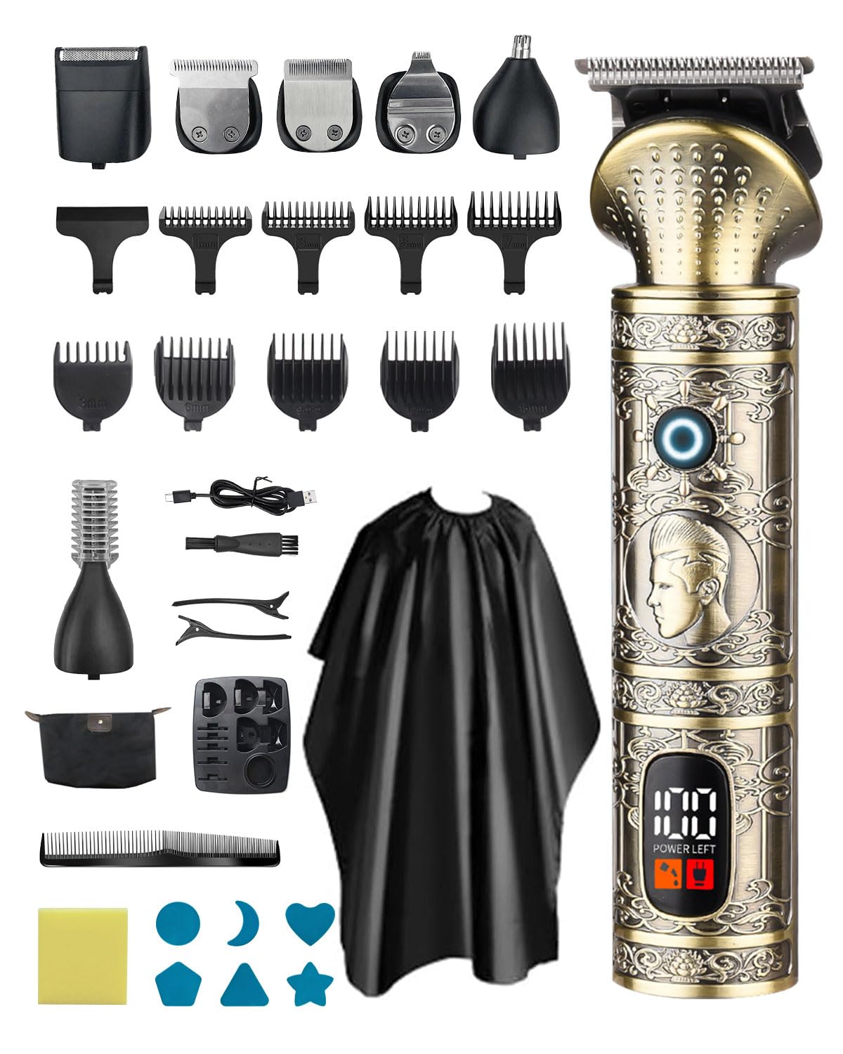 7 en 1 Tondeuse Barbe Homme Tondeuse Cheveux Professionnel, Lame en T Rasoir Électrique Kit avec Écran LED, Kit de Tondeuse Cheveux Barbe sans Fil Etanche Tondeuse Corps Homme pour Cadeau