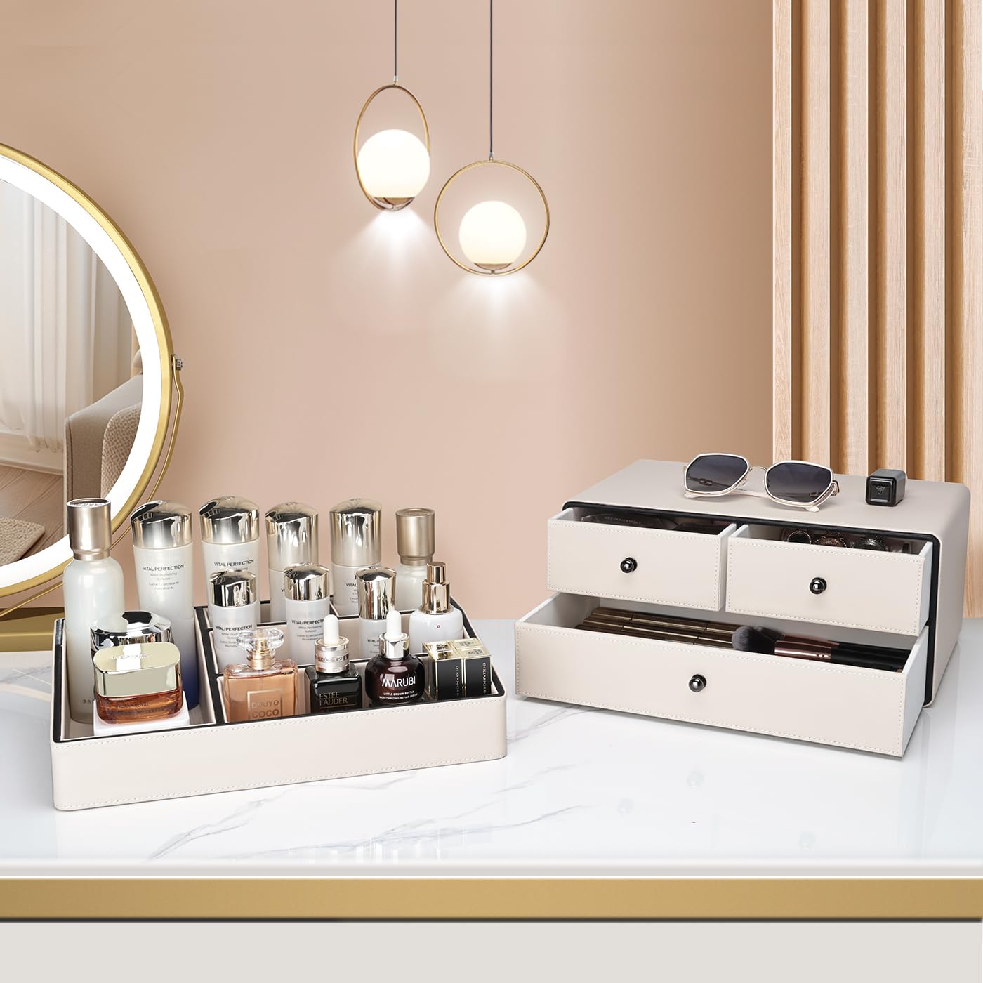 KINGFOM Organizador de Maquillaje, Organizador Cosmeticos con 3 Cajones y 5 Compartimentos, Makeup Organizer (Beige)