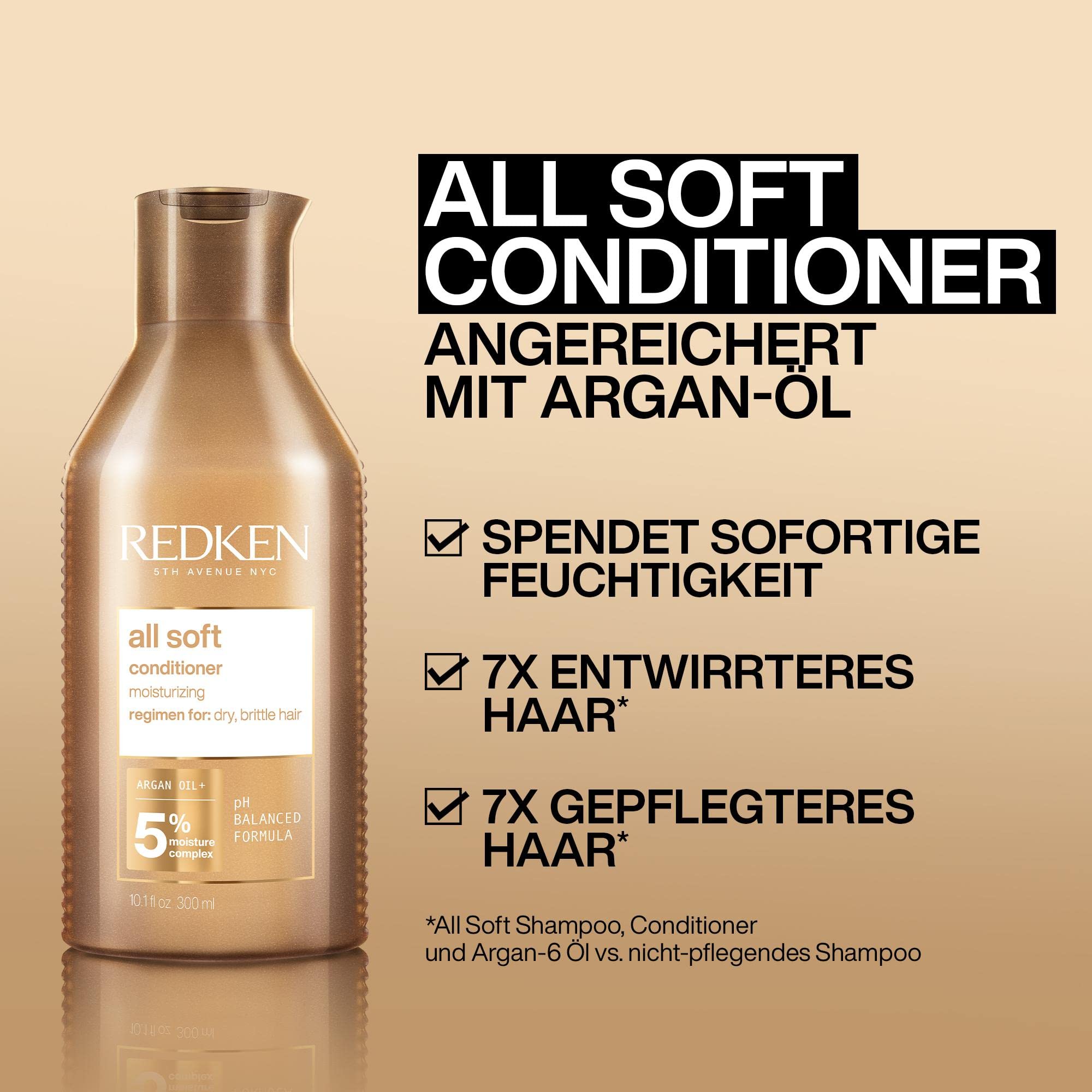 Redken Pflegeset mit Shampoo, Conditioner und Haarmaske für trockenes und brüchiges Haar, Mit Hyaluron, Omega-6 und Argan-Öl, All Soft