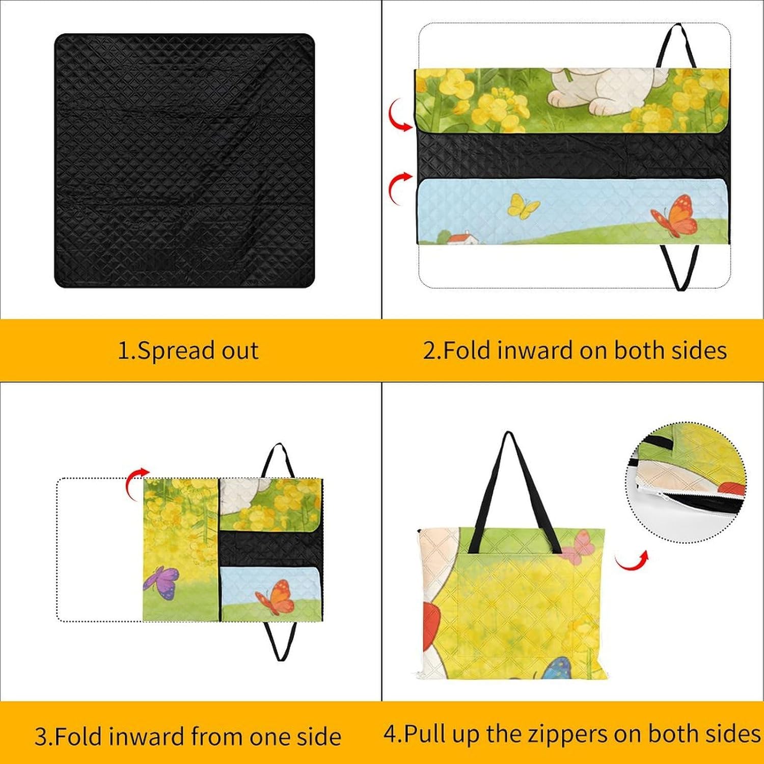 Spring Flower Picnic Blanket with Zipper Water Resistant Sand Free Picnic Mat Washable Foldable Easy Carry Beach Blanket for Lawn Beach Hiking Camping