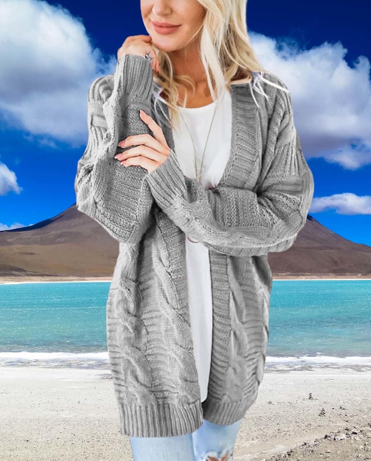 Long Sleeve Cable Knit Womens Cardigan Oversized Long Sweater Loose Casual Solid Color Mid Length Chunky Style - Image 5