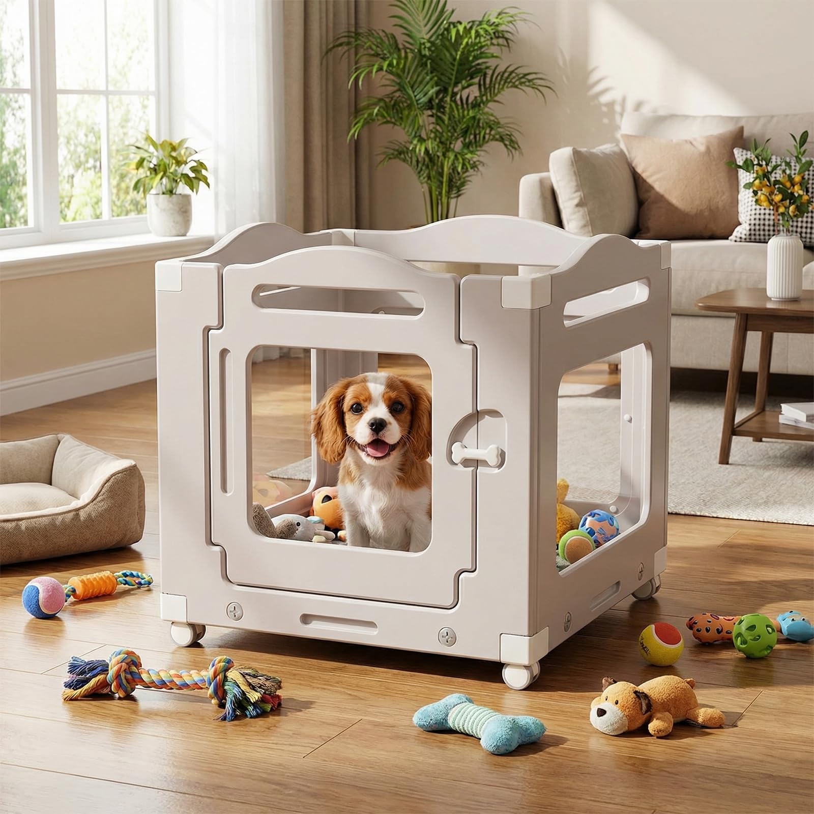 MAMIZO Parque para Perros Acrílico 63 × 68 cm, Recinto Perros con Ruedas | 3+1 PCS Paneles Caja de Parto para Animales con Alfombra Impermeable y Base, Gris Cálido