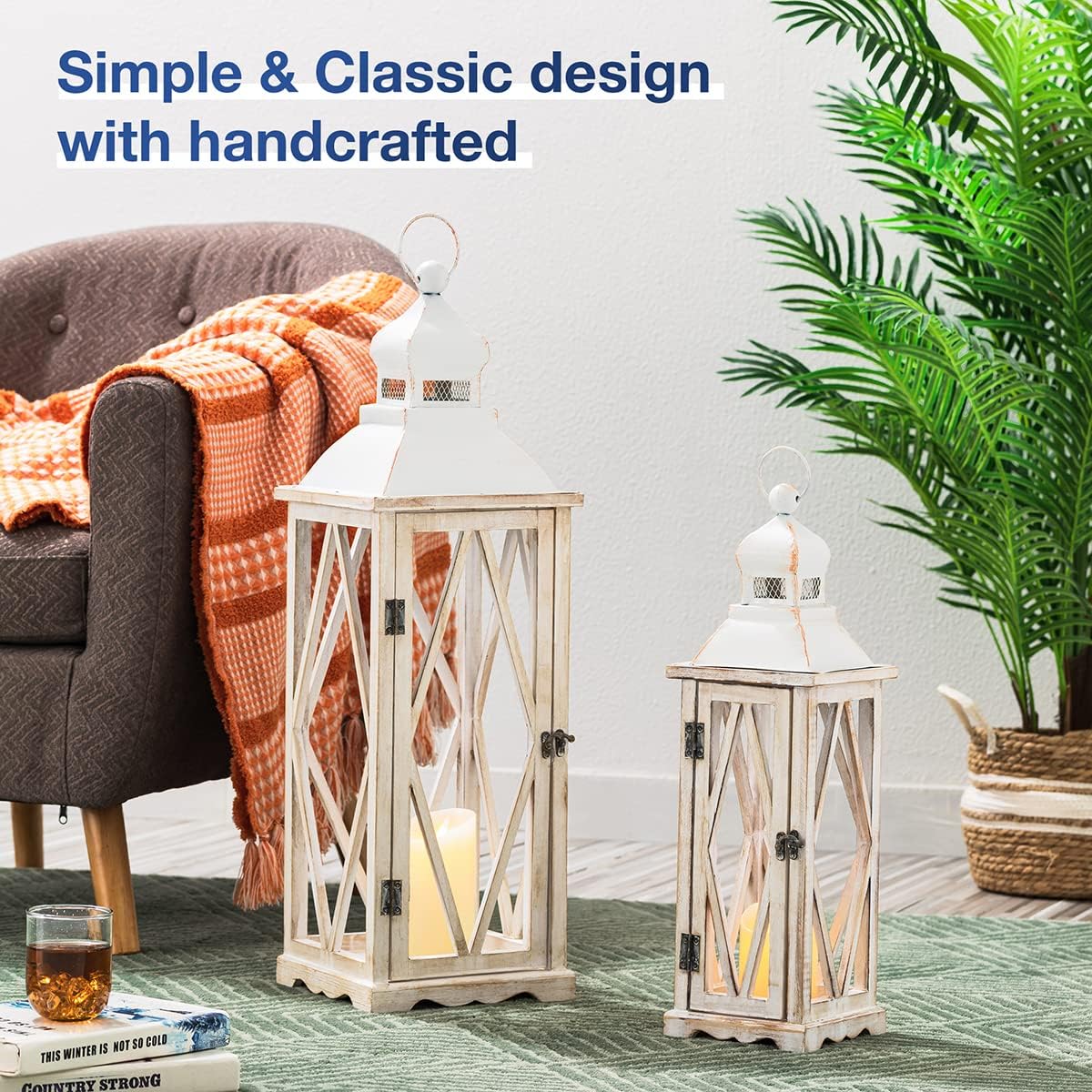 Diamond White Painted Wood Hanging Tabletop Candle Lantern Set
