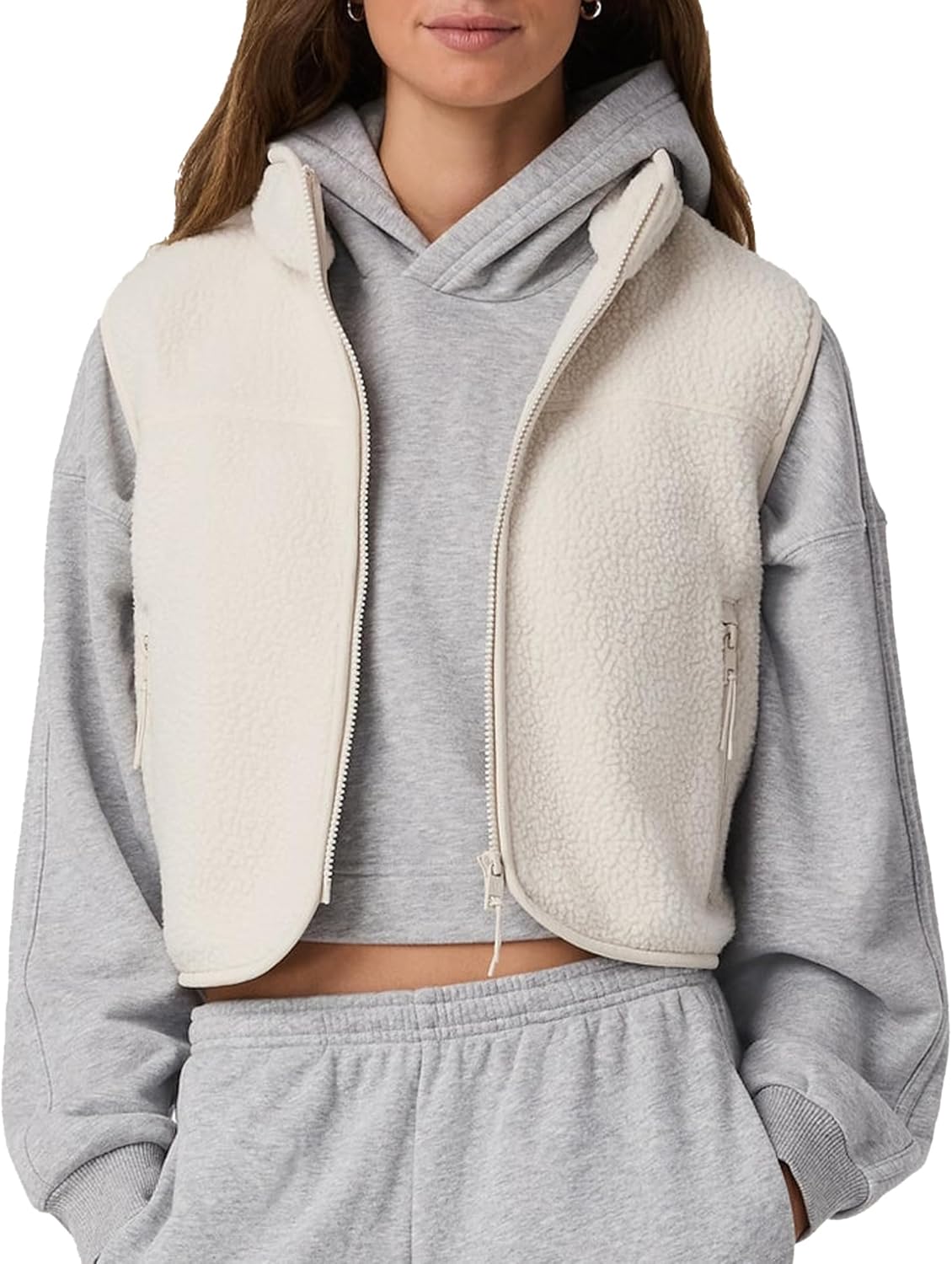 Cropped Fleece Vest Women Zip Up Stand Collar Warm Sherpa Vest Fall Cute Sleeveless Fleece Waistcoat with Pocket - Image 2