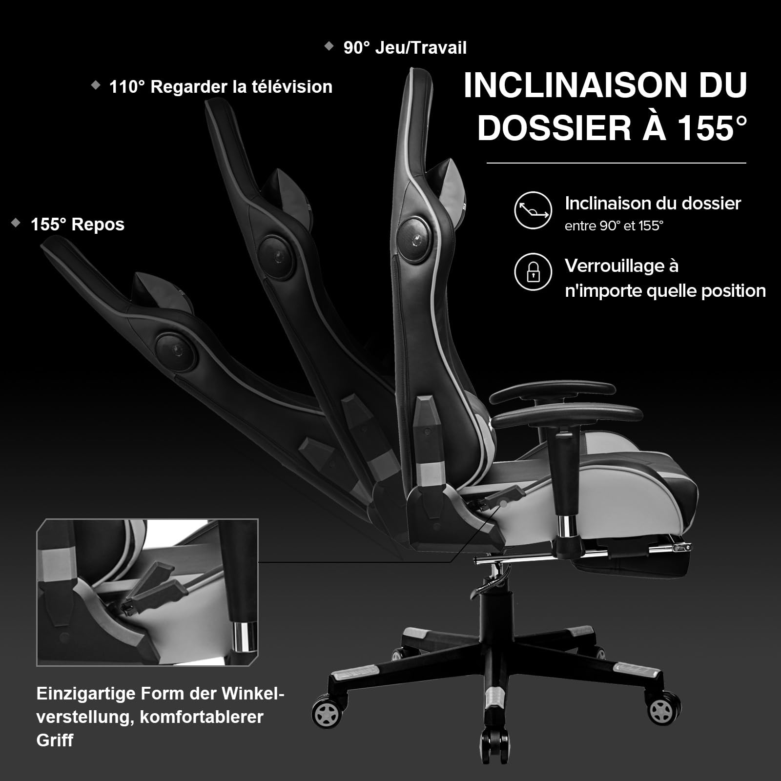 GTPLAYER Chaise Gaming Repose-Pieds Haut-Parleur Bluetooth Fauteuil Gamer Gris Siège Ergonomique (Gris)