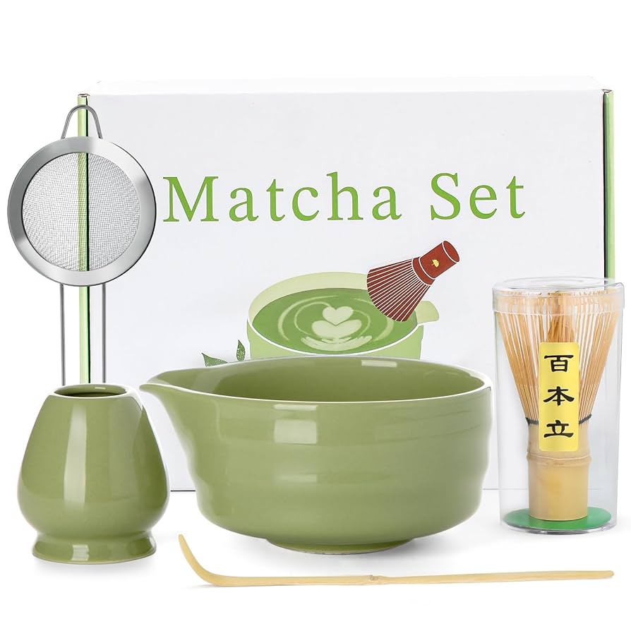Matcha Whisk Set - 5PCS Matcha Set Includes 17OZ Chawan with Spout, Bamboo Chasen Whisk with Ceramic Holder, Mat cha Scoop and Stainless Sifter, Matcha Kit for Ceremony, Gift for Matcha Lovers