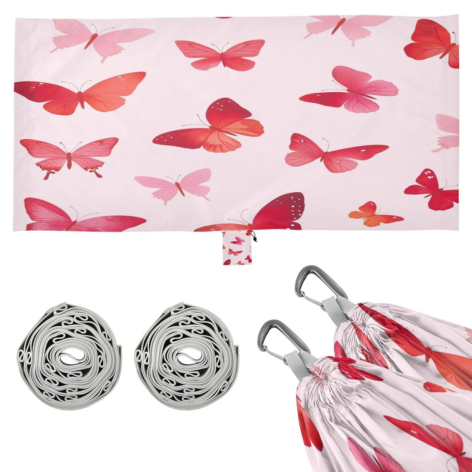 Haskirky Pink Butterfly Camping Hammock, Single Portable Hammocks with Tree Straps & Attached Carry Bag, 330Lbs Capacity Perfect for Outside Indoor Hiking Beach Backpack Travel