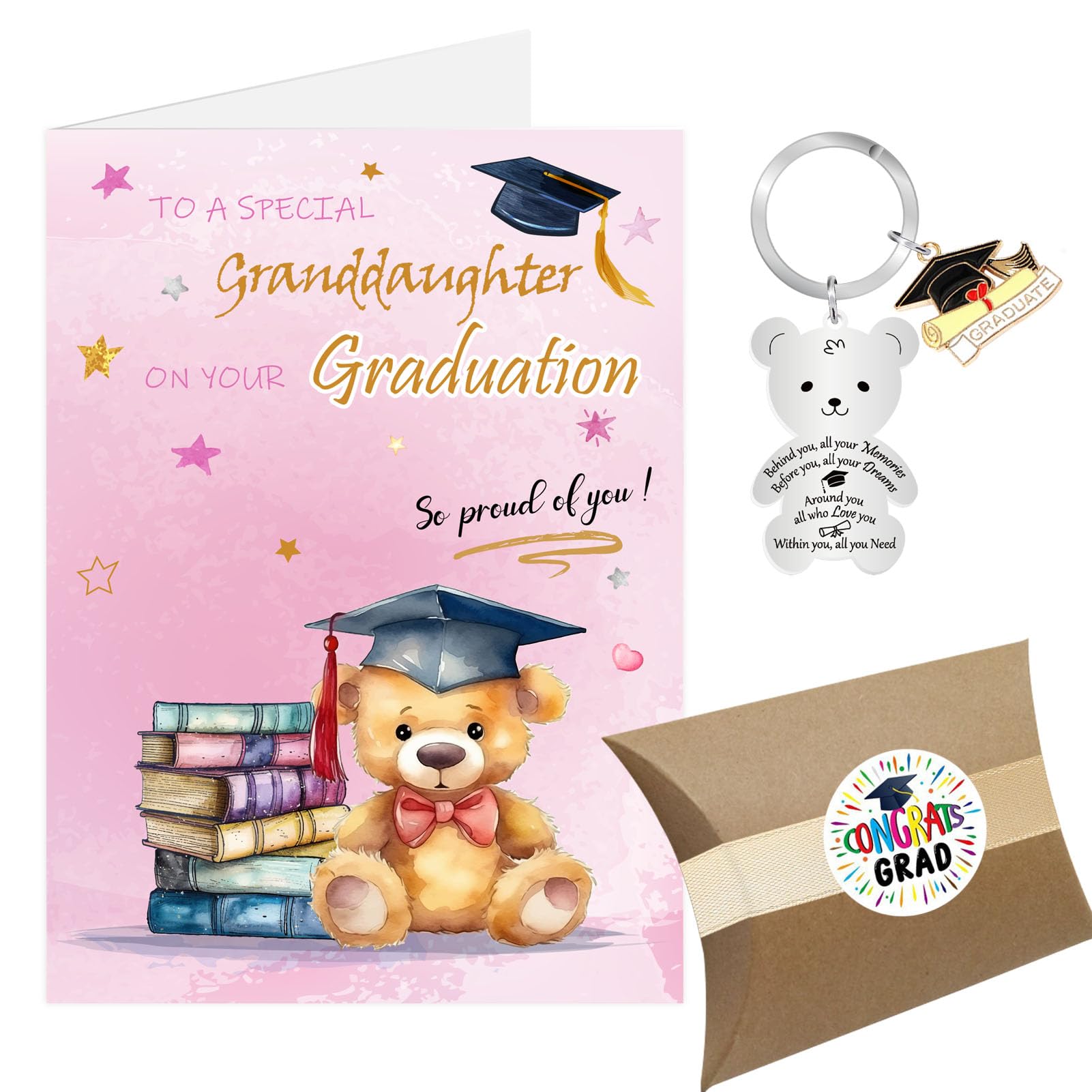 Granddaughter Graduation Card, 2025 Graduation Cards Keyring Gifts for Her Female Girls, Congratulations So Proud of You Card from Grandad Grandmum Grandparent (Pink - Granddaughter)