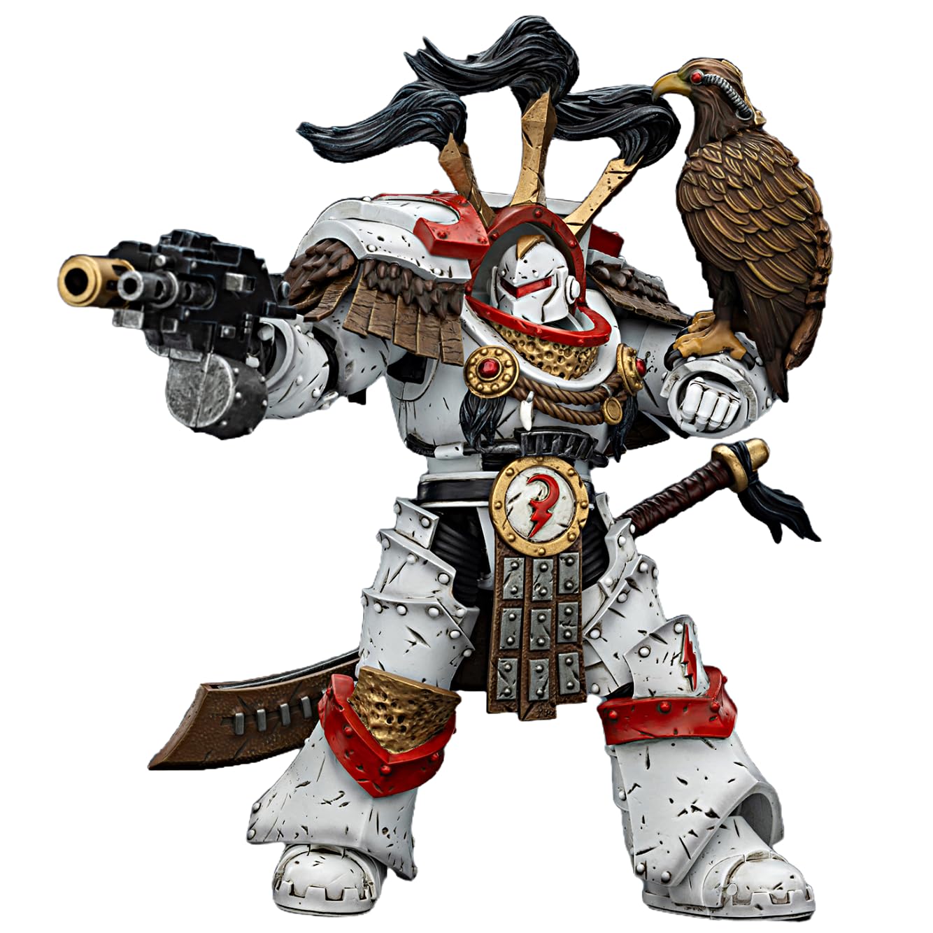 TOYVERSE JOYTOY Warhammer White Scars Praetor in Cataphractii Terminator zbroja z cyber jastrząbem, mieczem chogoriańskim i Combi Melta 1/18 model postaci z ruchomymi przegubami, figurka 15+