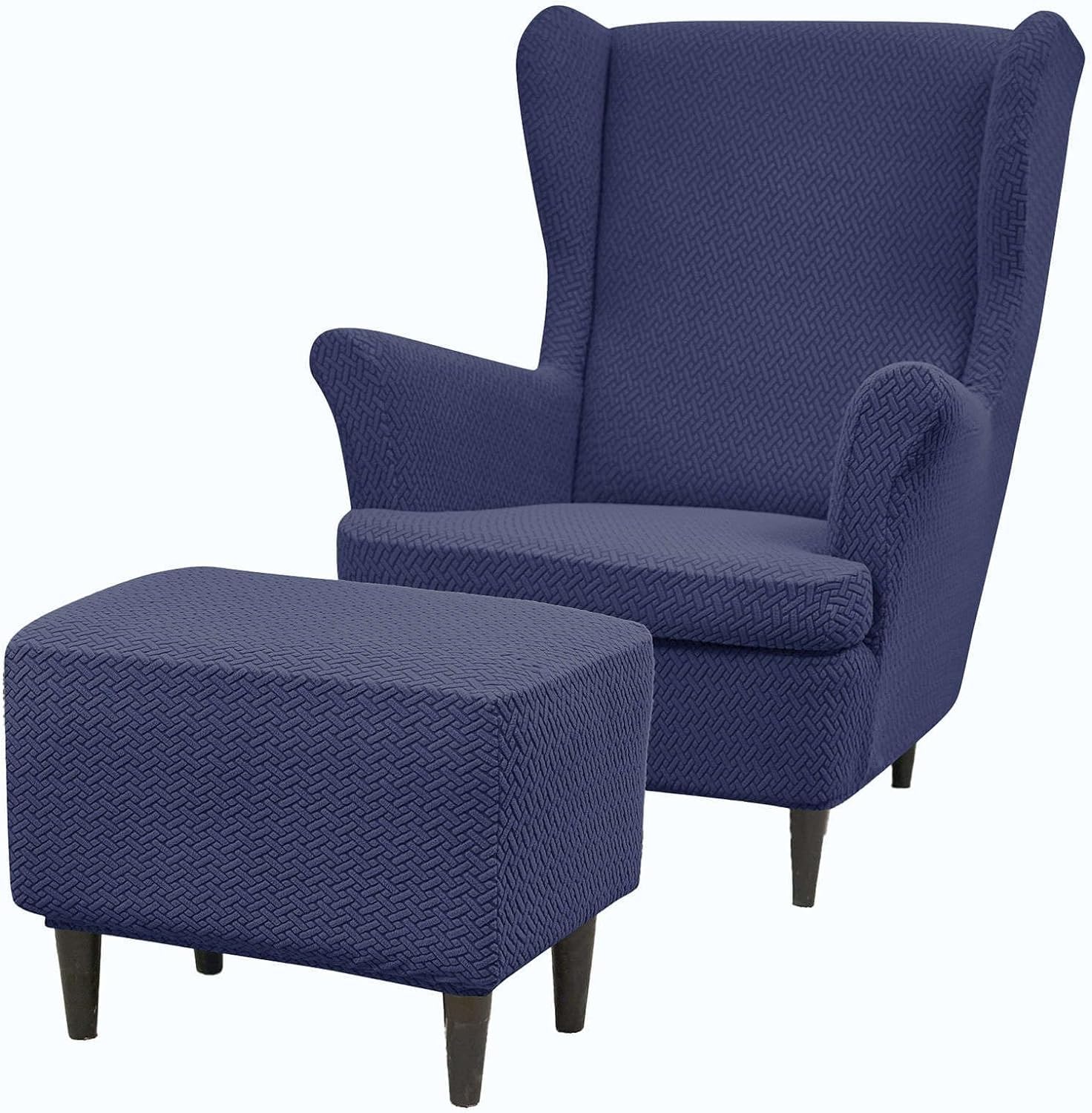 HACLEN Wingback Chair Cover with Ottoman Cover, Jacquard Wingback Chair Slipcover with Cushion Cover Stretch Washable Wing Chair Cover (dark blue,one size)