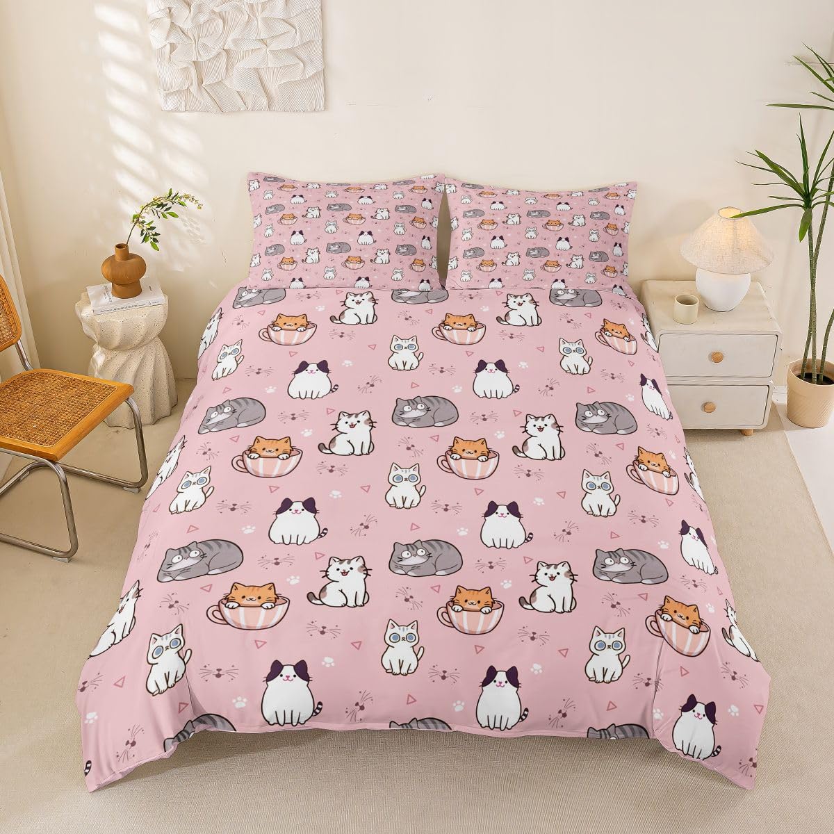 Loussiesd Kreskówkowy kot poszewka na kołdrę super king size zwierzę kreskówka dla chłopców dziewcząt kotek nadruk zestaw pościeli 3 szt. kawaii dekoracja pokoju oddychająca miękka lekka mikrofibra