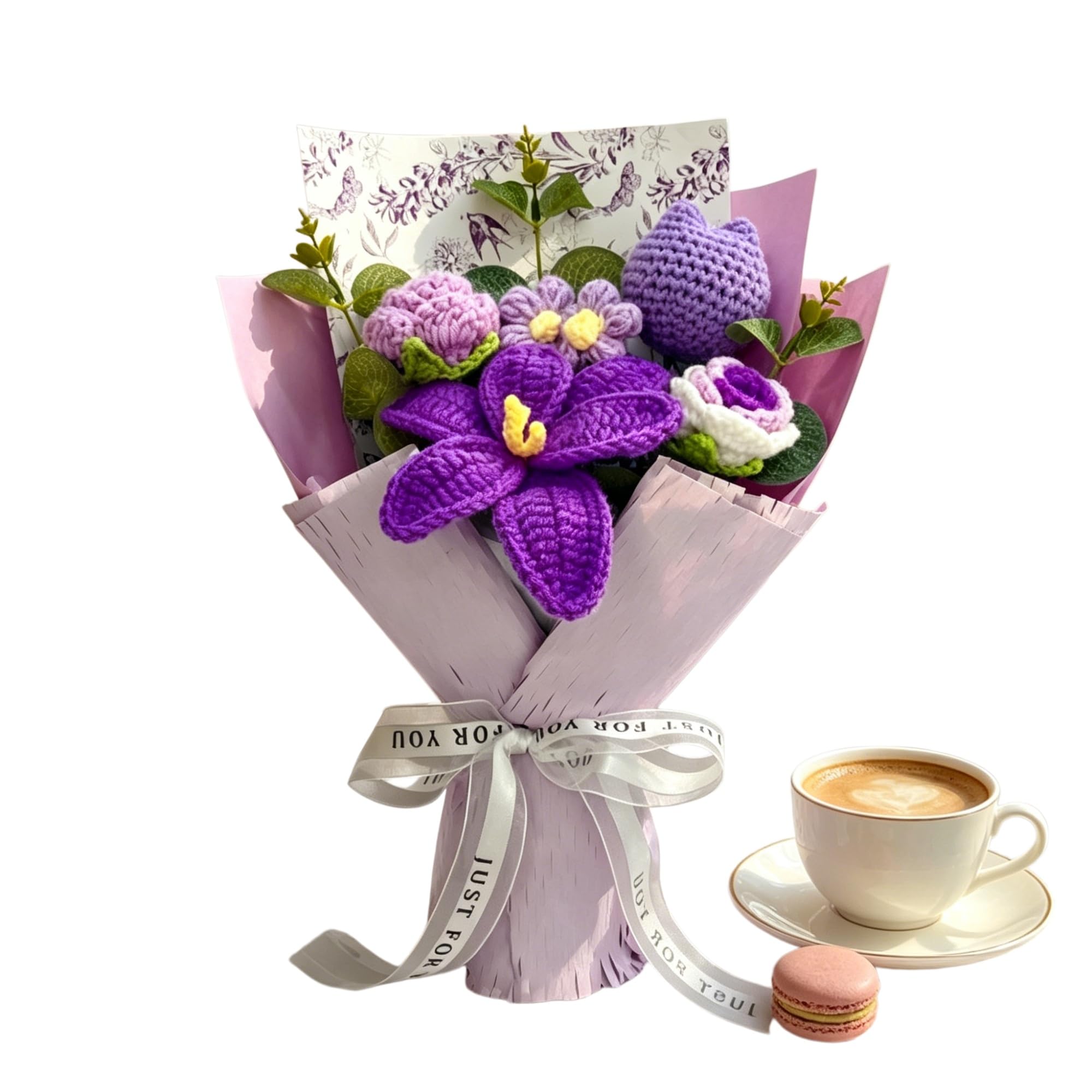 Huolimxun Handmade Crochet Bouquet | Roses And Tulips Everlasting Flowers | Handmade Lily Gift Bouquet | 22cm×32cm(Purple)