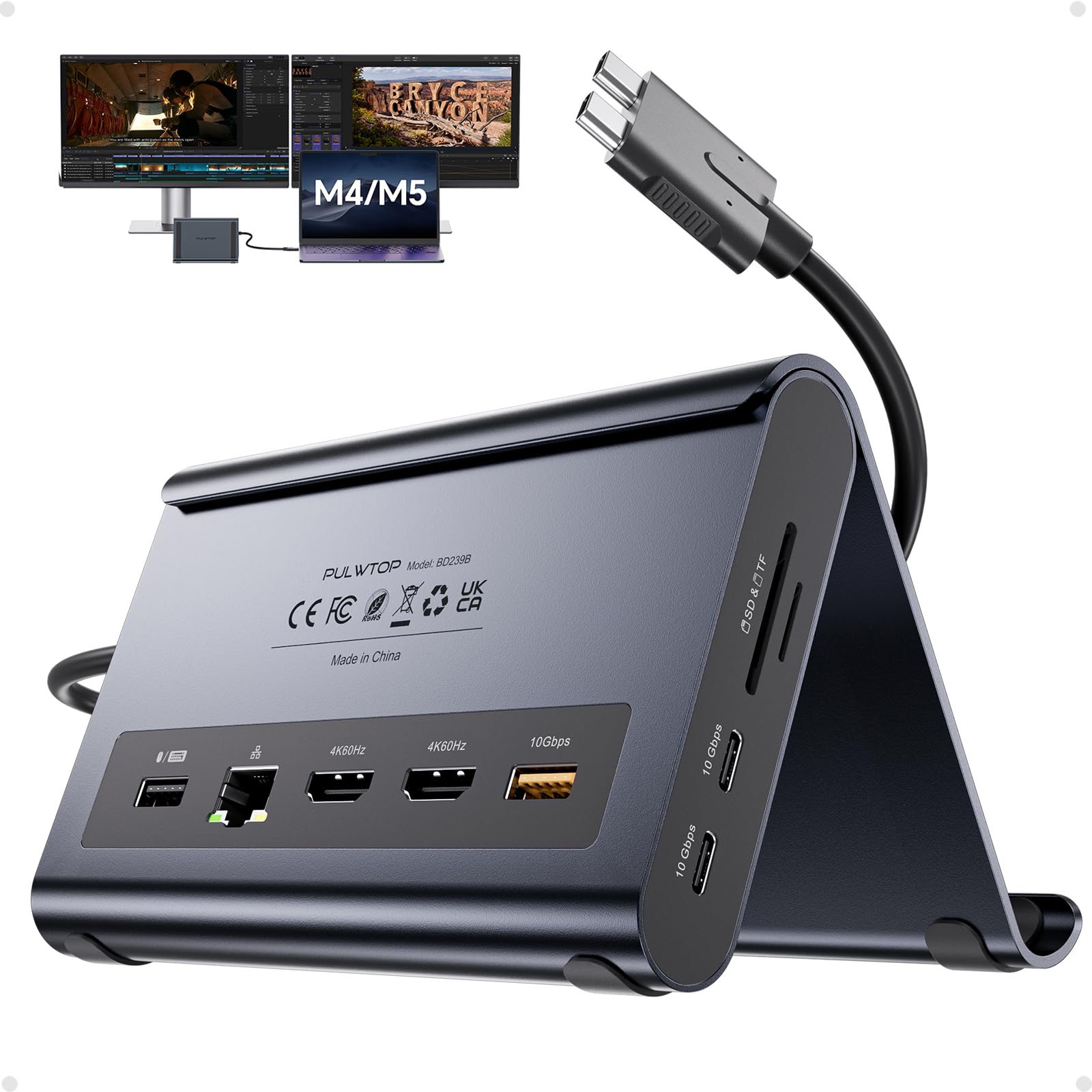 MacBook Docking Station Dual Monitor 4K@60Hz, PD 100W für Pro/Air M4/M5 | PULWTOP Docking Station USB C mit 2xHDMI, 10Gbps USB A/C, Ethernet, Audio, SD/TF, USB2.0 als MacBook Stand - Mitternacht