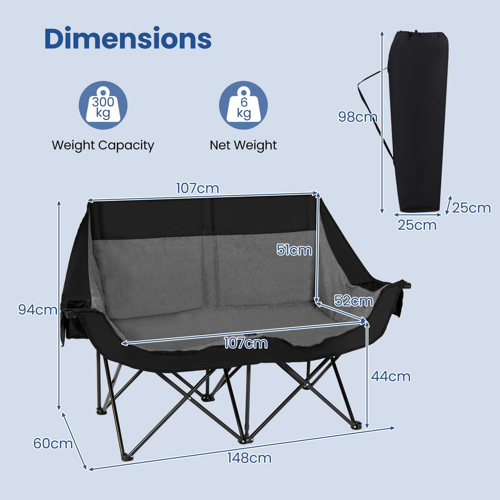COSTWAY Campingstuhl Faltbar mit Heizung, Campingsofa für 2 Personen | Faltsofa mit 3 Heizstufen & 4 Heizzonen, Campingcouch Gepolstert 300KG Belastbar mit Seitentaschen, Glashaltern