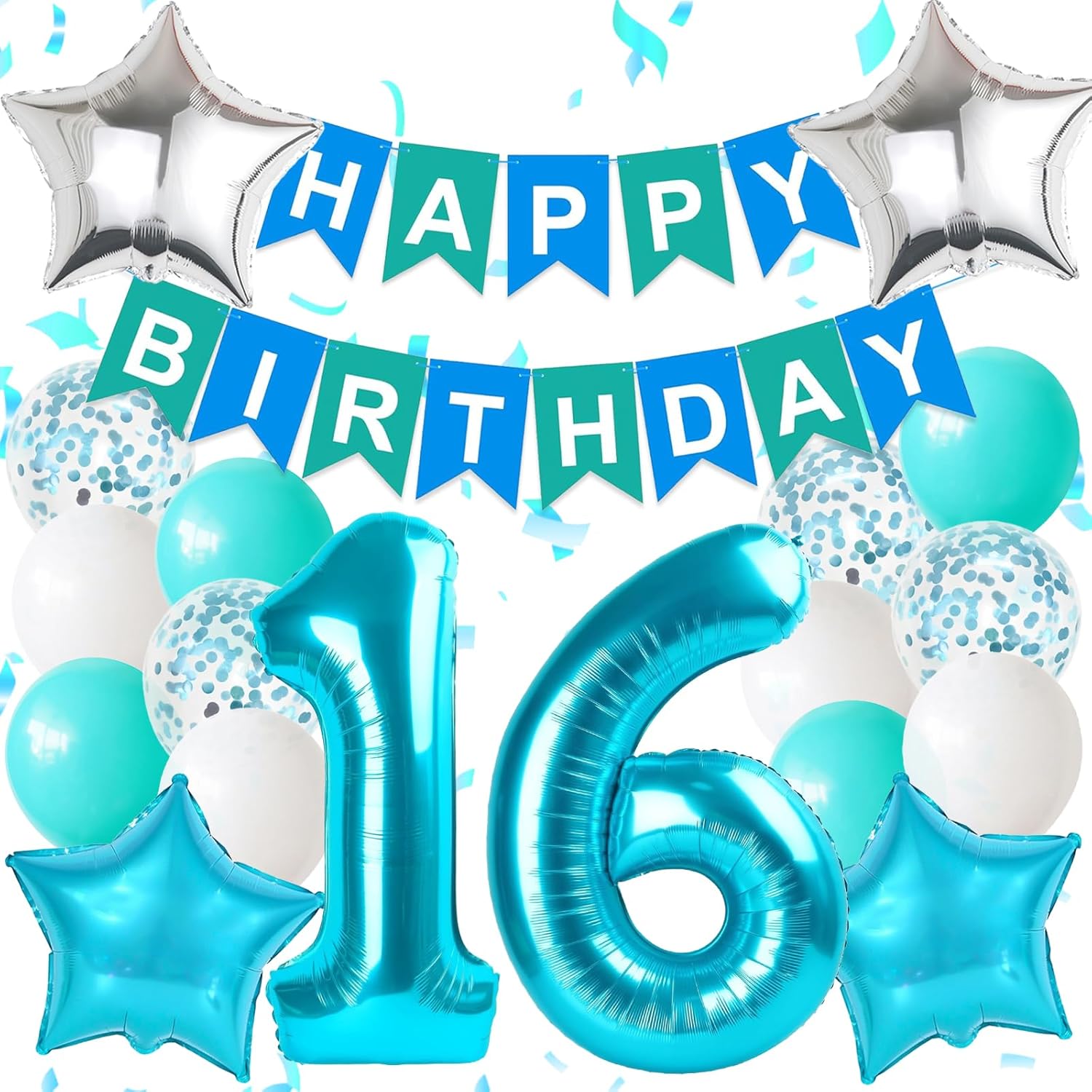Happy 16th Birthday Decorations For Girls, Blue Happy Birthday Banner, Teal Blue 16 Balloon Numbers 40 Inch, Sweet 16 Balloons For Teal Blue Birthday Decorations