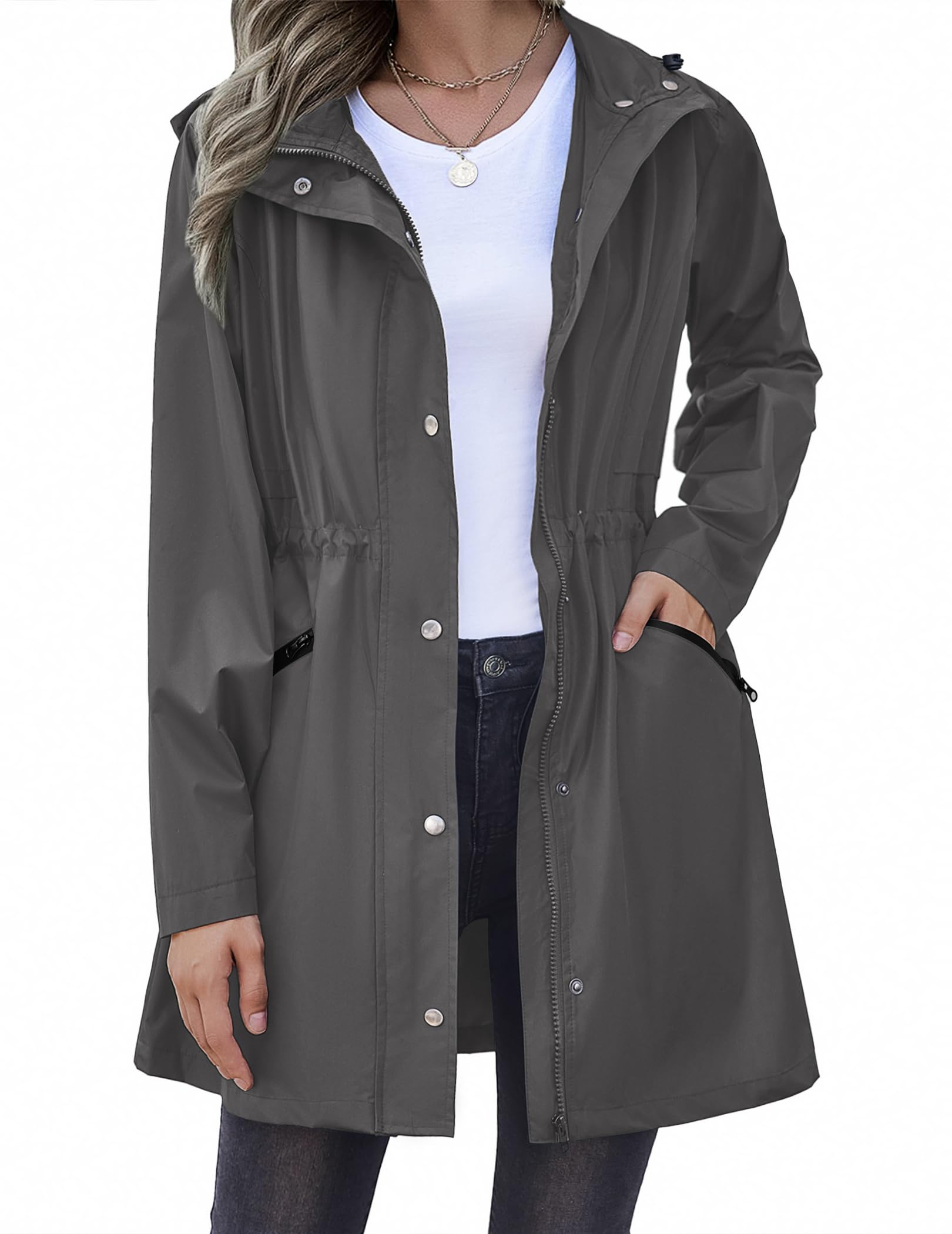 Zeagoo Raincoat Women Waterproof Long Hooded Rain Jacket Trench Coats Windbreaker Travel Jacket