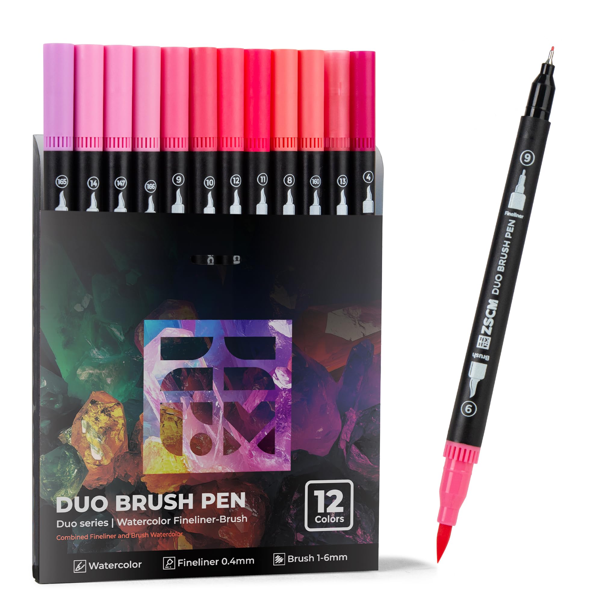 Rosa Duo Tip Marker, juego de 12 marcadores de punta fina y punta de pincel para libros de colorear para adultos sin sangrado, marcador rosado para ilustraciones románticas, diseño floral y