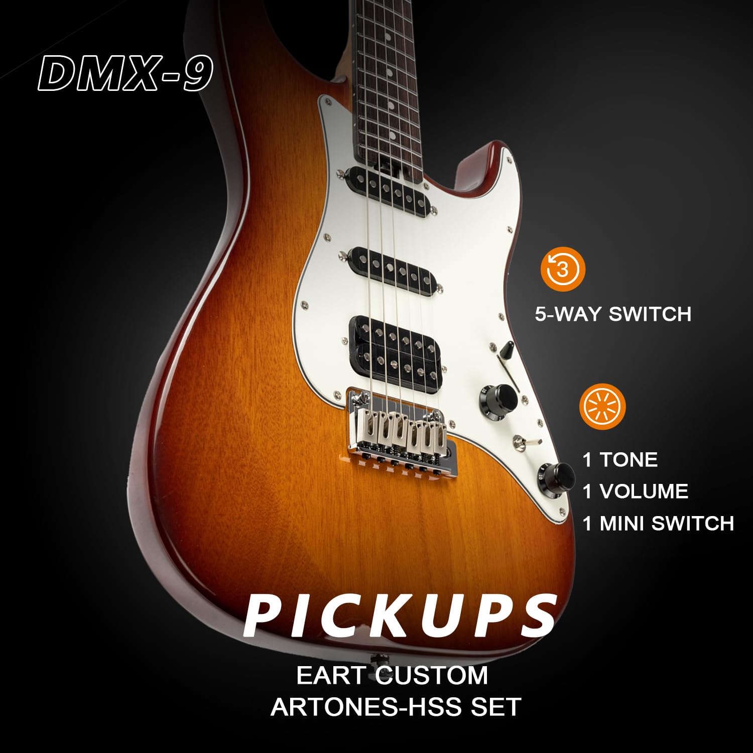 EART E-Gitarre DMX-9, 6-saitige Tremolo Bridge, Humbucker Pickups, Solid Body, 5-Wege Schalter Gitarren (Honeyburst)