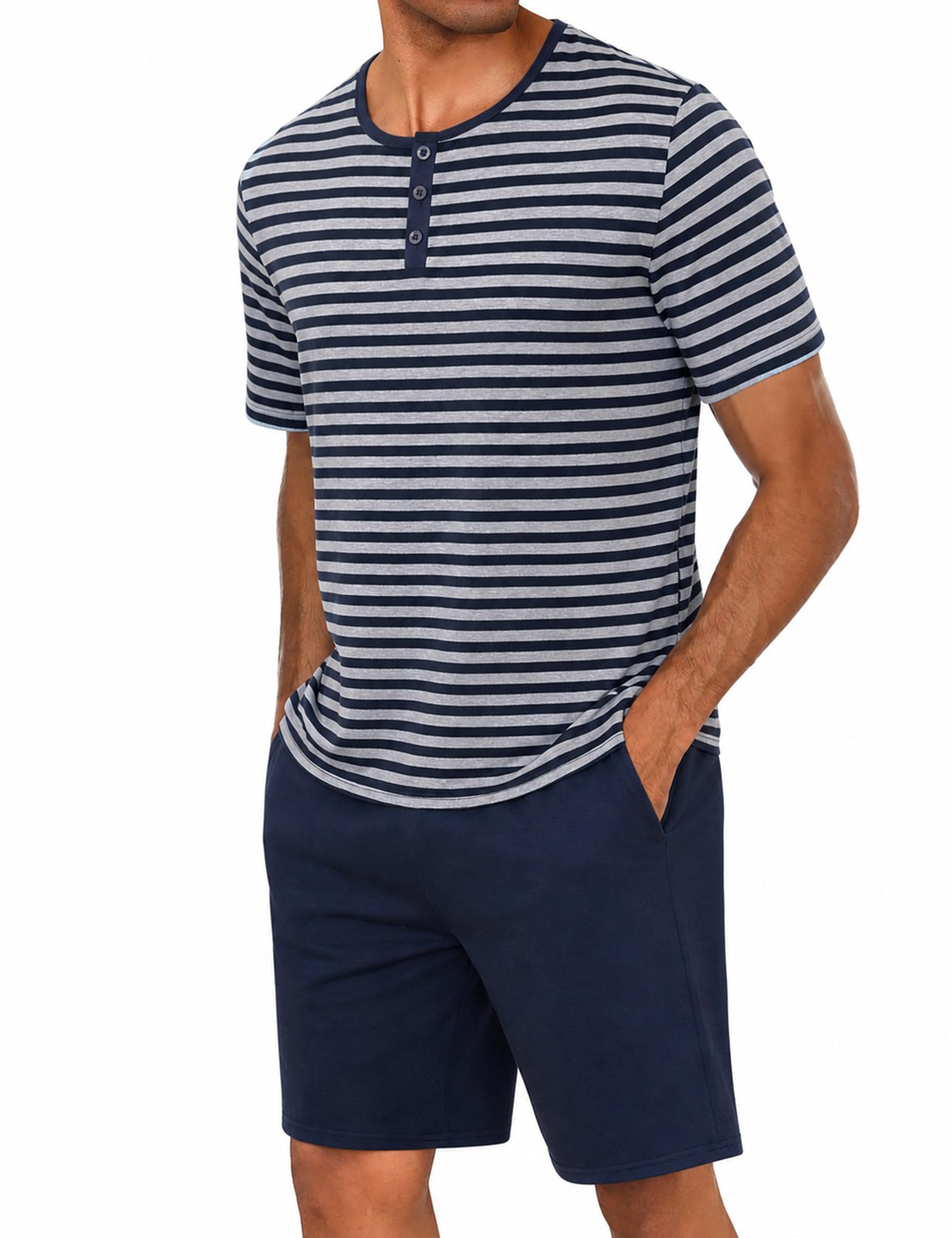 Marvmys Schlafanzug Herren Kurz Sommer Pyjama Set aus Atmungsaktiver Baumwolle Zweiteiliger Kurzer Nachtwäsche Männer Kurzarm T-Shirt und Kurze Hose mit Taschen Loungewear S-3XL