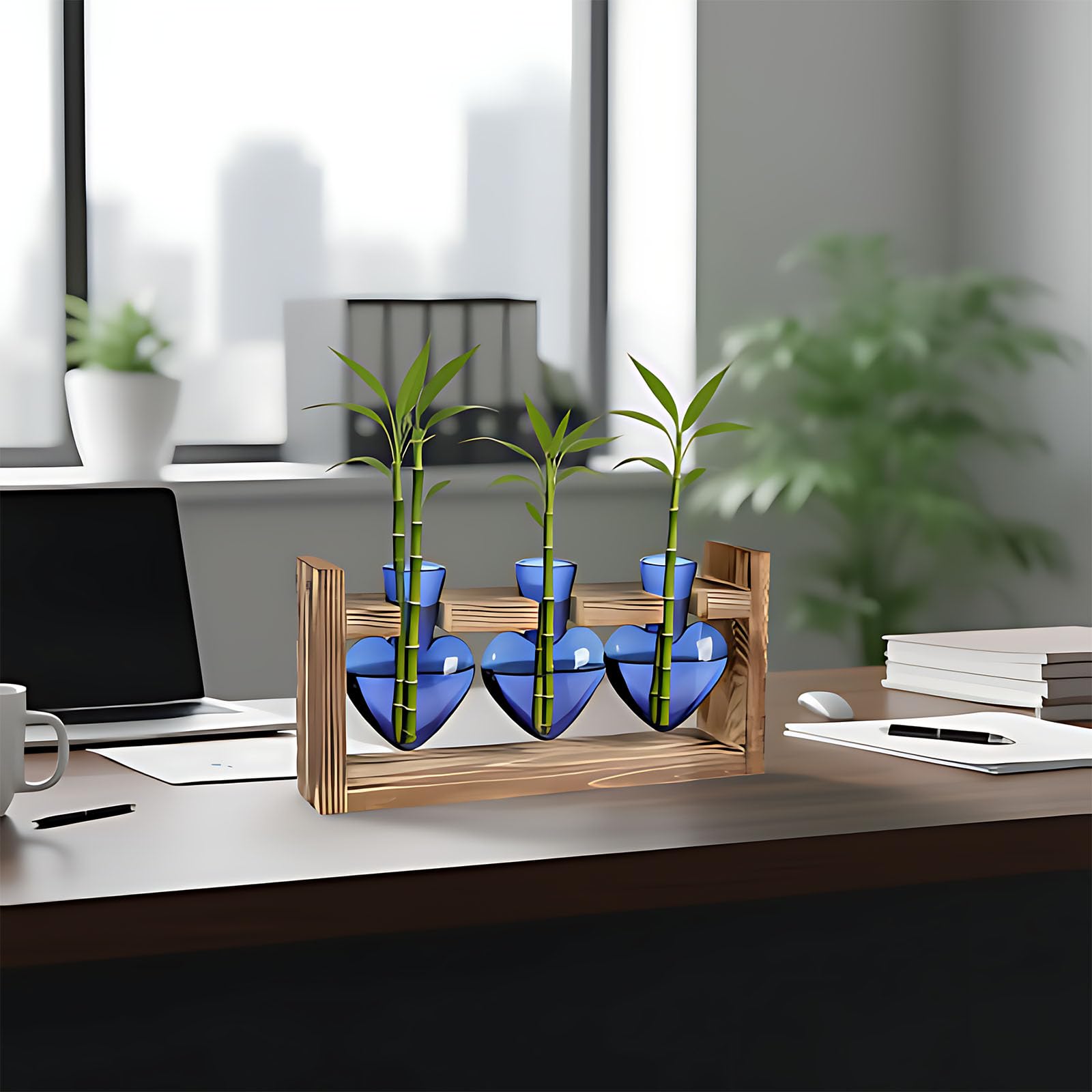 Lot de 3 vases en verre bleu en forme de cœur avec support en bois, stations de propagation pour plantes hydroponiques, centre de table pour décoration d'intérieur, cadeau romantique