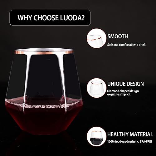 Miniatura 3 de LUODA Paquete de 32 copas de vino con diamantes de oro rosa, copa de vino con borde de oro rosa de 12 onzas, vasos de whisky desechables de plástico