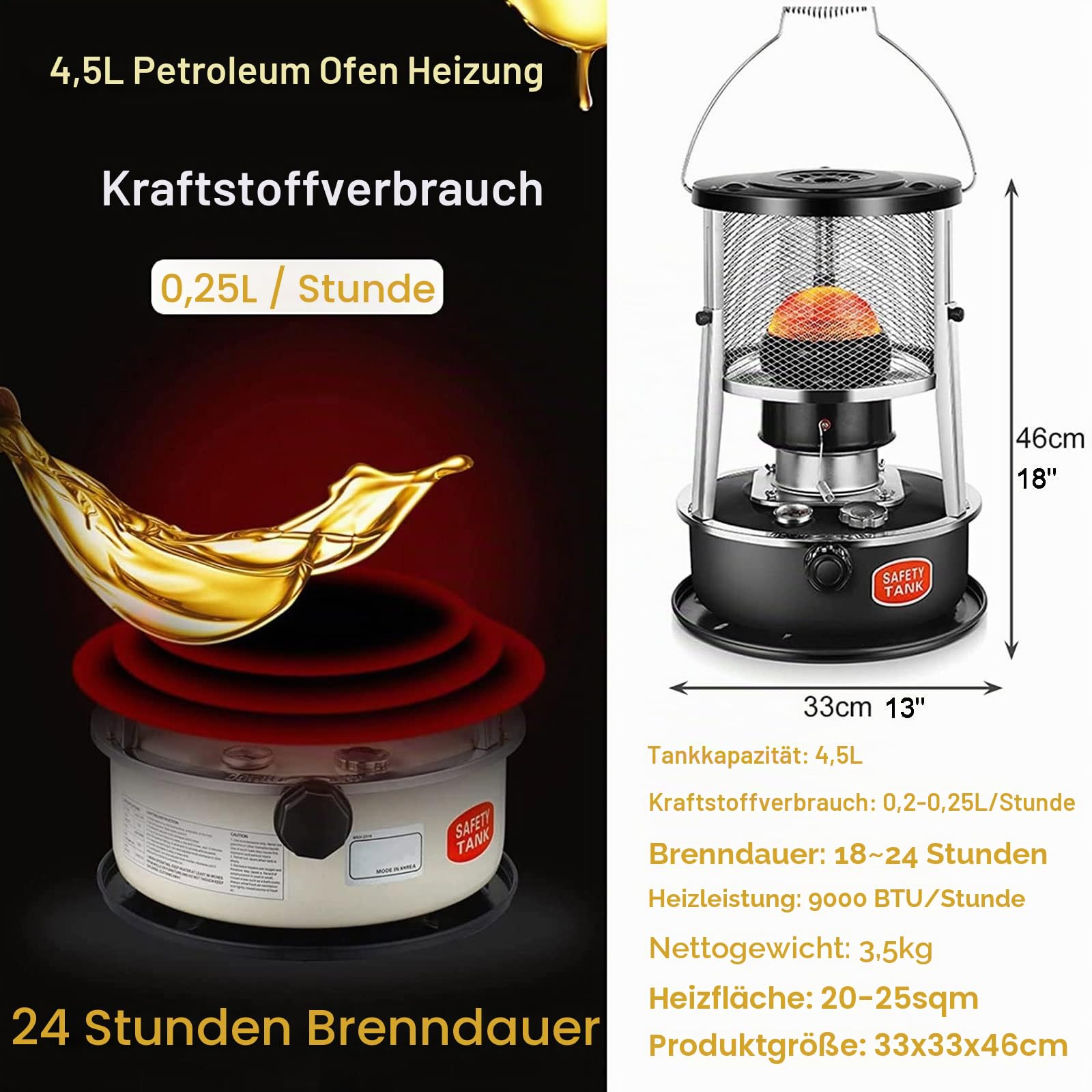 2600W Petroleumofen für Innenräume,Mobile Heizung,Petroleumofen Heizung Ohne Strom, Notheizung Ohne Strom, mit6 Dochte, für den Überlebensnotfall Beim Eisfischen (Color : Kerosene stove)