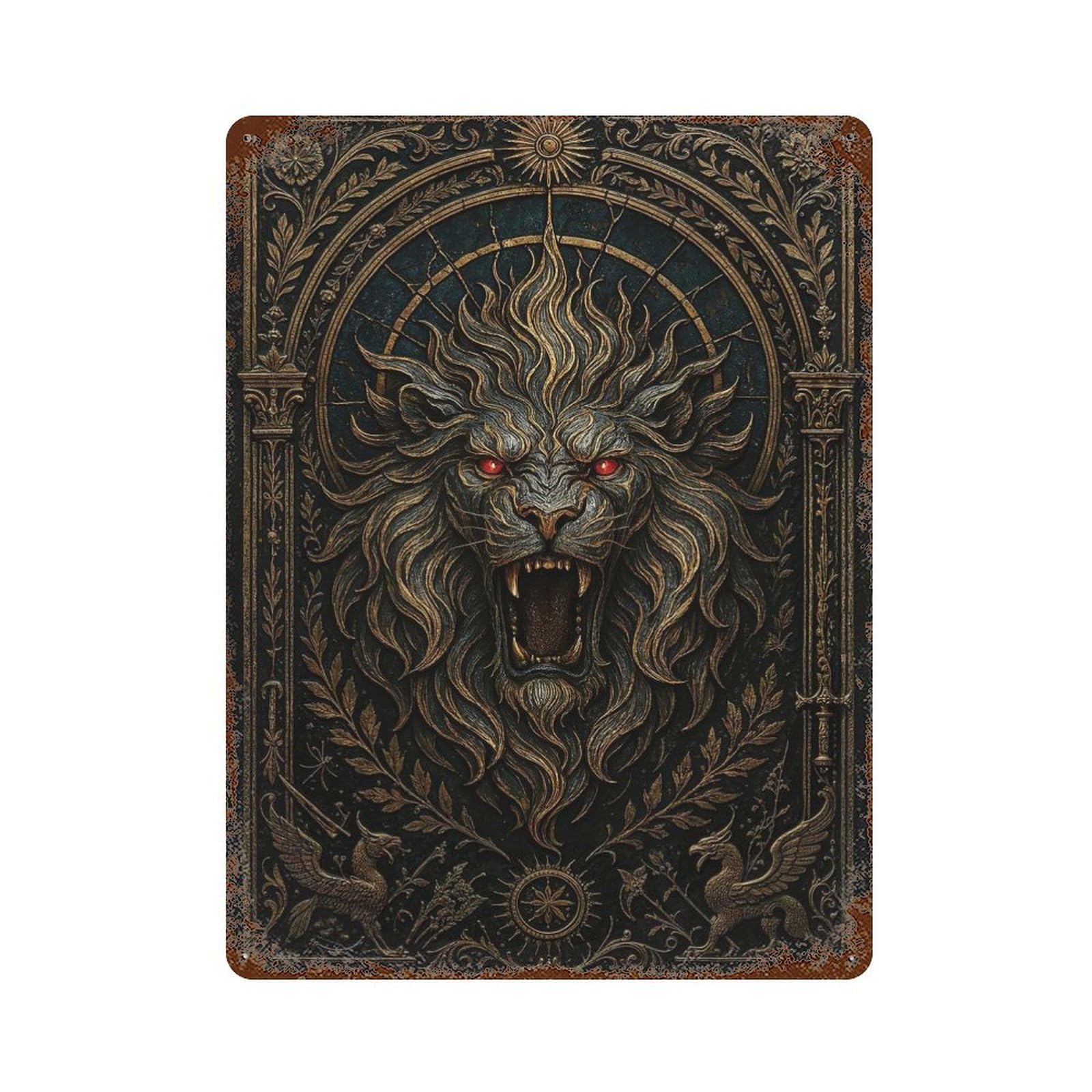 Roaring Lion Head – Gothic Demon Beast Poster Rustic Tin Plaque 15.7"x11.8", Industrial Home Decor for Pub, Kitchen And Man Cave Decor