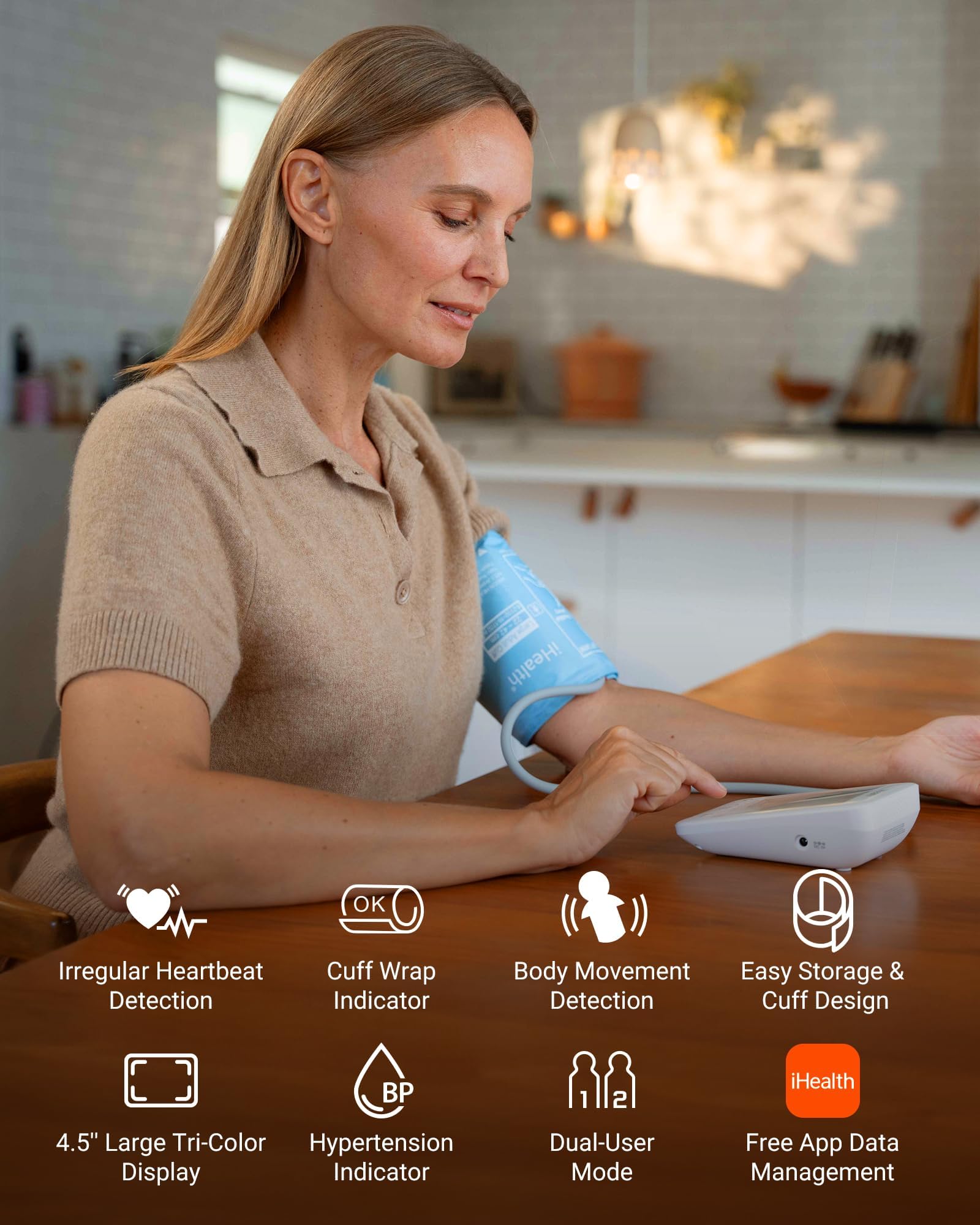 iHealth Accu Luminate Arm Blood Pressure Monitor – 4.5" Large Tri-Color WHO-Based LCD, Clinically Validated Accuracy, Irregular Heartbeat Alert, Bluetooth Cloud Sync, Adjustable Large 8.6"–17" Cuff