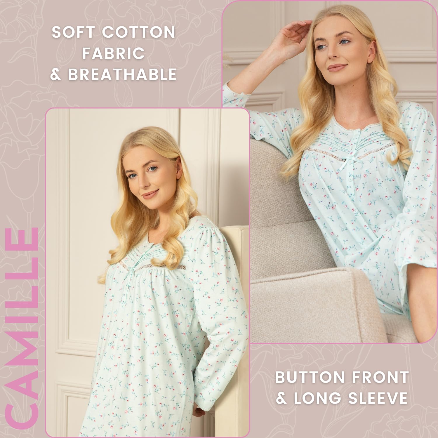 Camille Camisón de Manga Larga para Mujer, diseño Floral, clásico, Suave, camisón de Jersey con Cierre de botón de Cuello Redondo