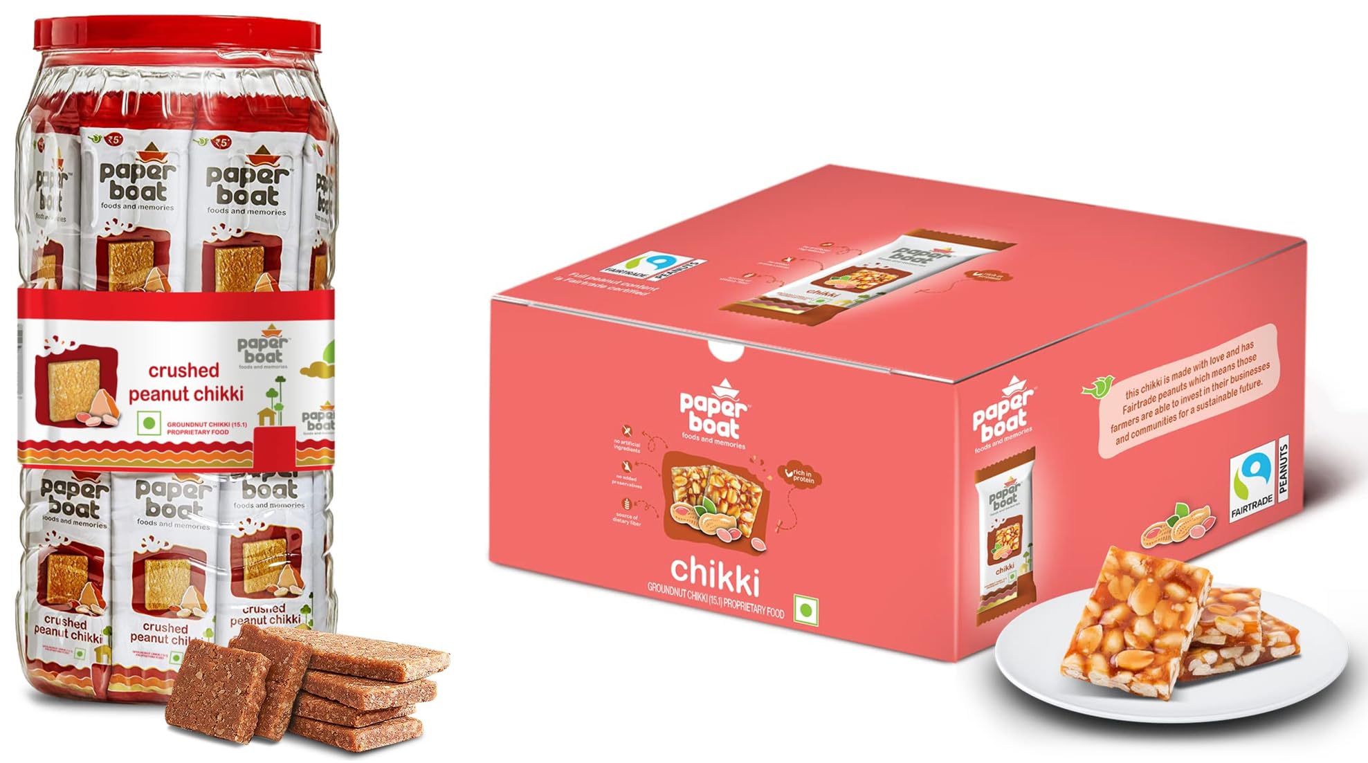 Paper Boat Crushed Peanut Chikki Jar, 800g & Paper Boat Chikki, Peanut Bar, No Added Preservatives and Colours | Gajak | Sweets | Made with Jaggery | Gazak (Pack of 30, 25g Each)