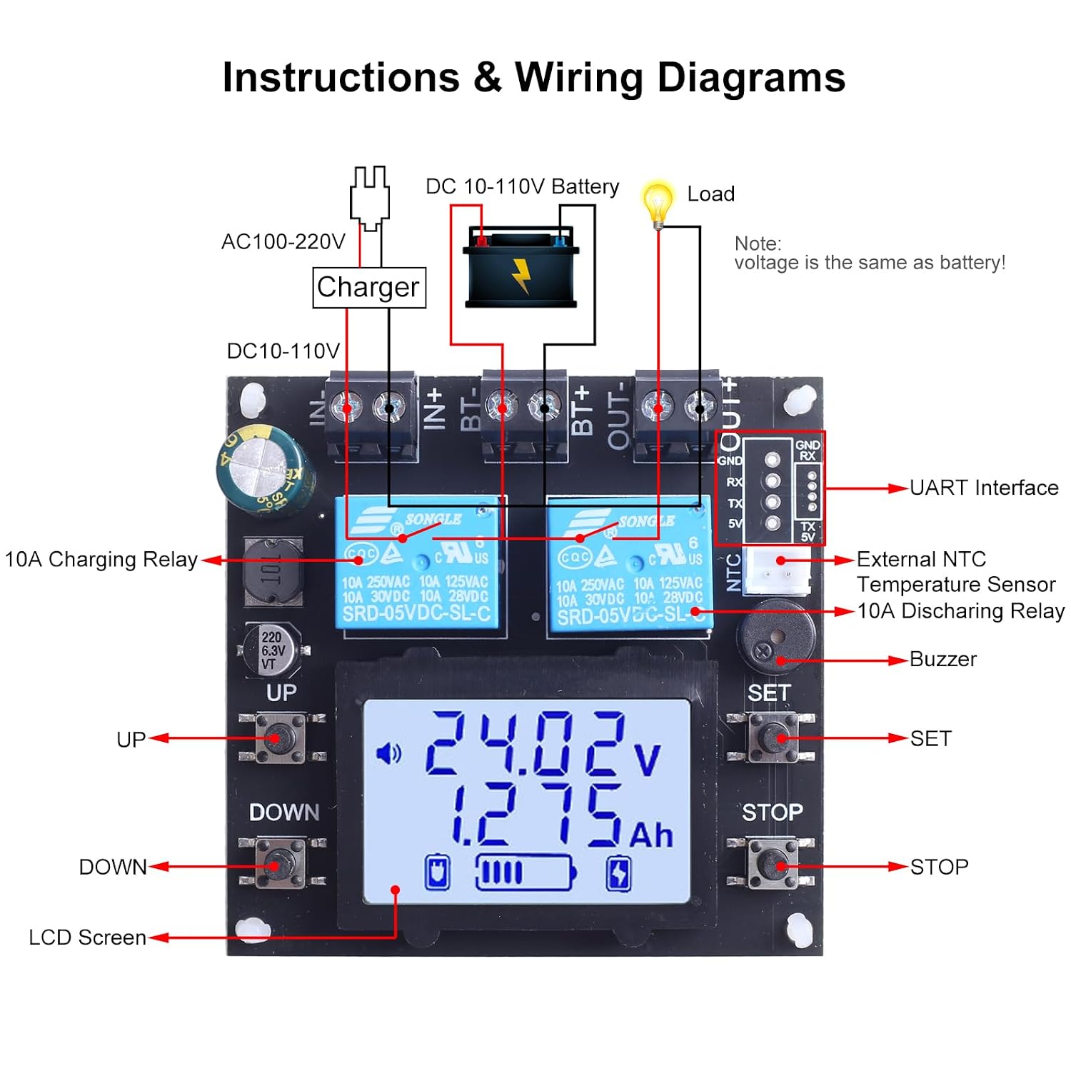 Coulometer Battery Monitor, ICSTATION 10-110V 10A Charging Discharging Protection Board with LCD Display Voltage Current Meter Low Voltage Protector Disconnect Switch for RV Solar Panel Golf Cart