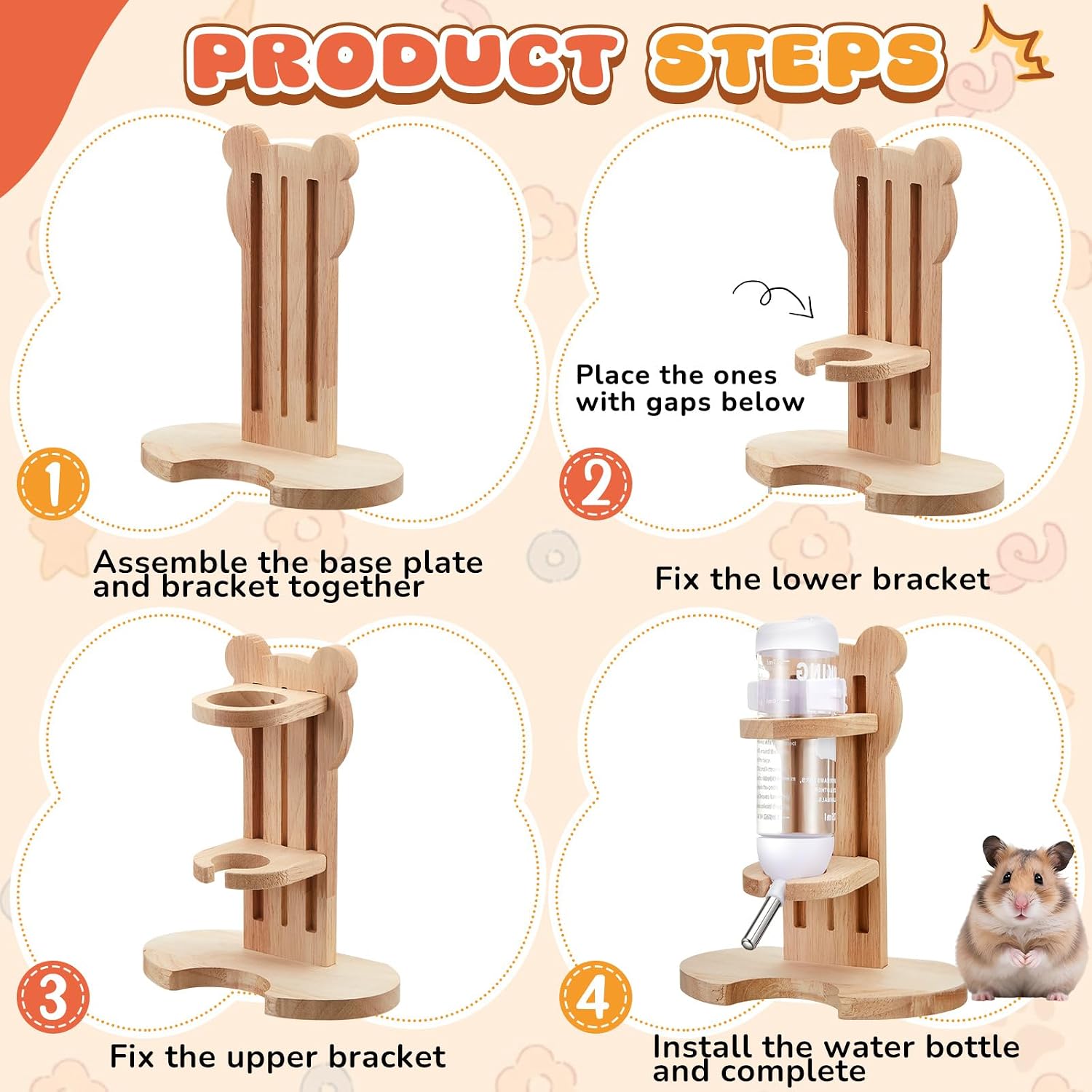 5 Pcs Hamster Cage Accessories, Wood Hamster Play Wooden Platform Water Bottle with Stand Climbing Set for Rat Mice Small Animals Pets Habitats Woodland Decor(Scalloped Platform)