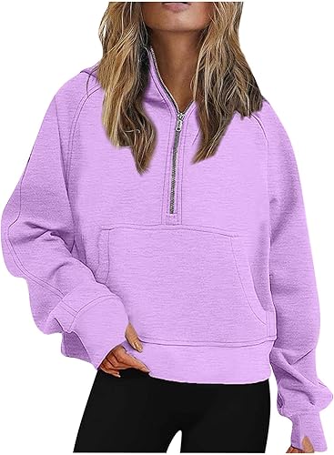 Miniatura 1 de Sudadera con cremallera de un cuarto para mujer, sudadera con bolsillo, Y2K media cremallera, ropa de invierno de forro polar 2023, A03-Púrpura