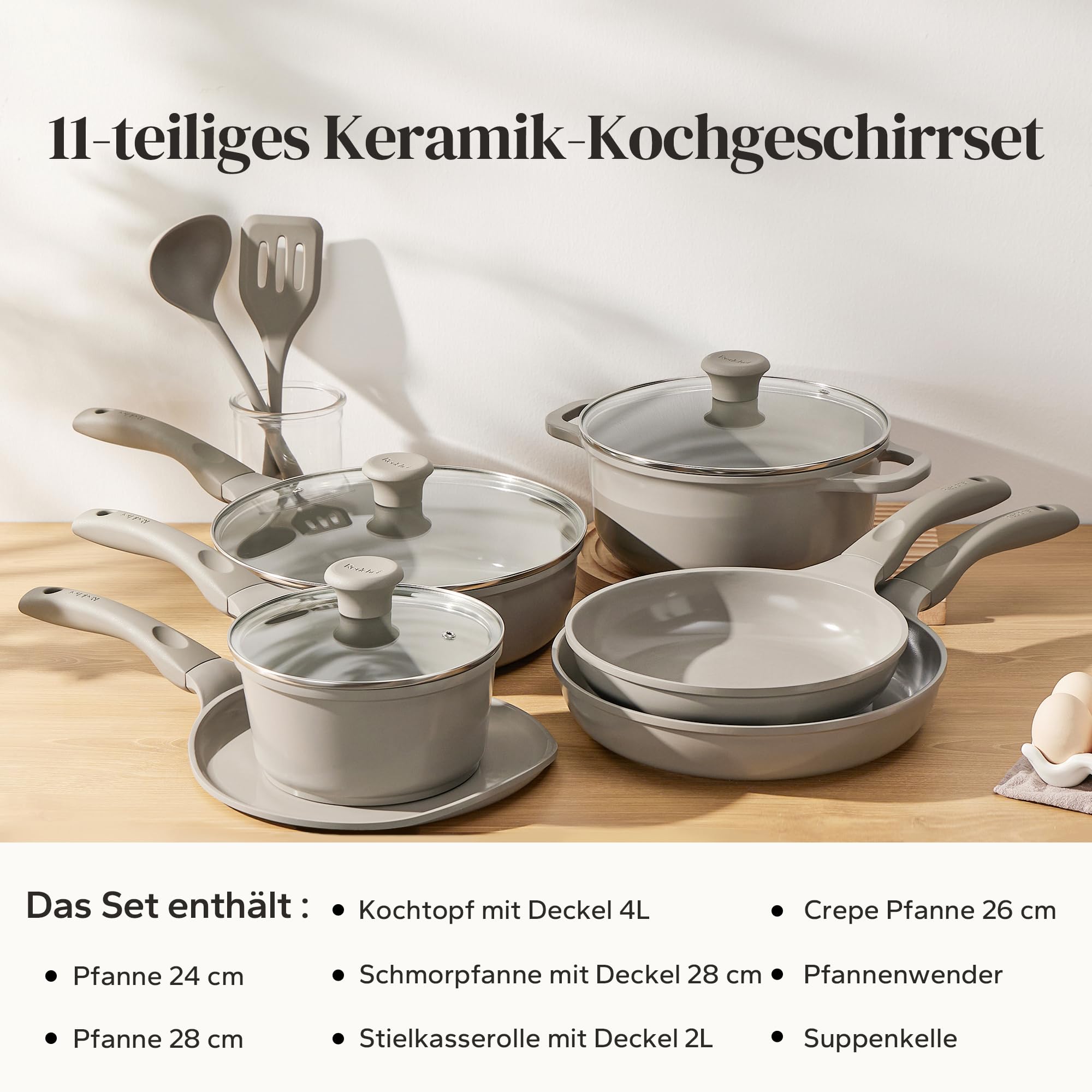 Set de Sartenes de Cerámica Redchef para Inducción 11 Piezas con Tapa de Vidrio - Sartenes Antiadherentes sin PTFE y PFAS - Aptas para Todo Tipo de Cocinas
