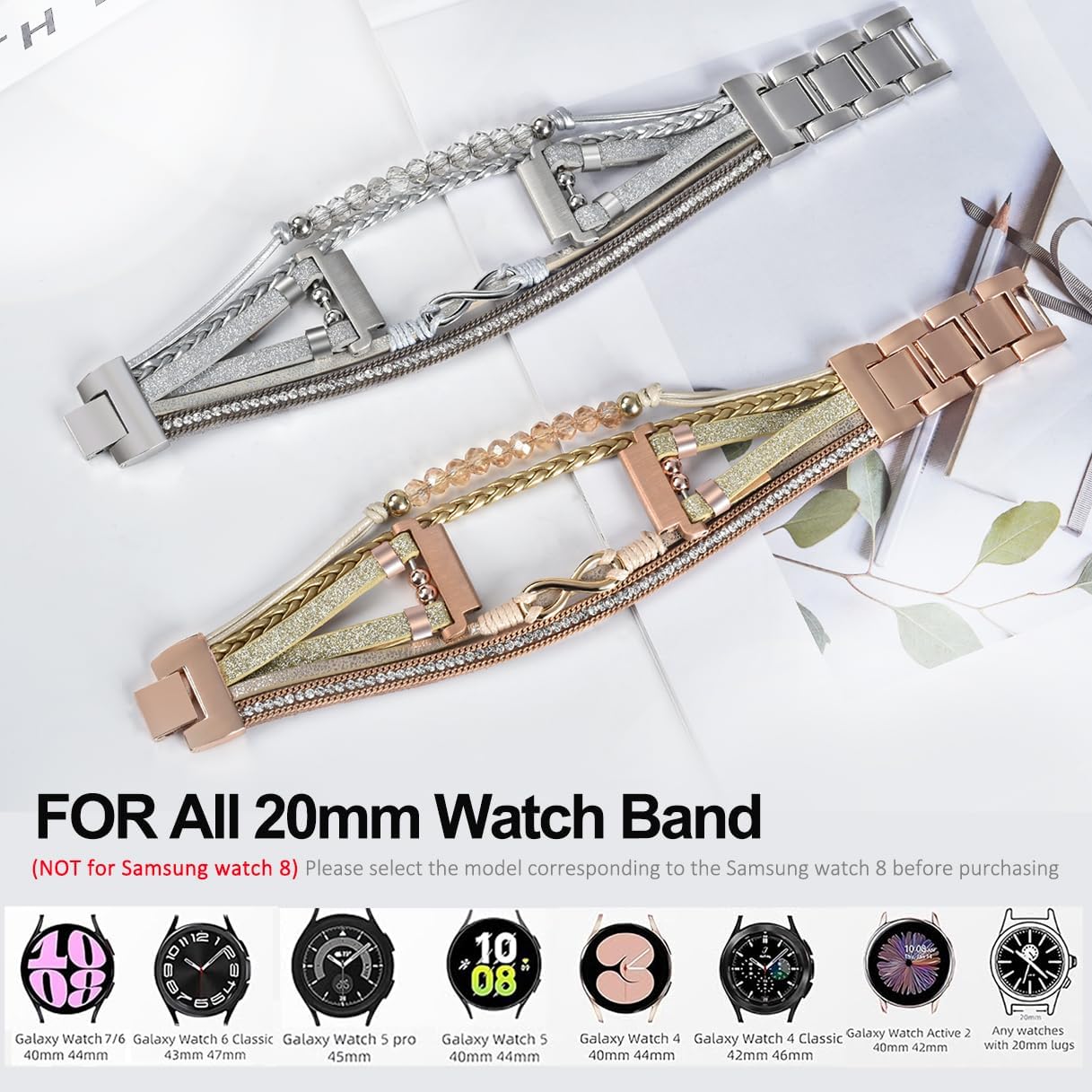 Boho Leather Bracelet for Samsung Galaxy Watch 8/7/6/5/4 Band 40 44mm Women, 20mm Cute Beaded Multilayer Strap for Galaxy Watch 8 Classic 6 4 Classic 43mm 47mm 42mm 46mm/Watch 5 Pro 45mm /Active2 - Image 5