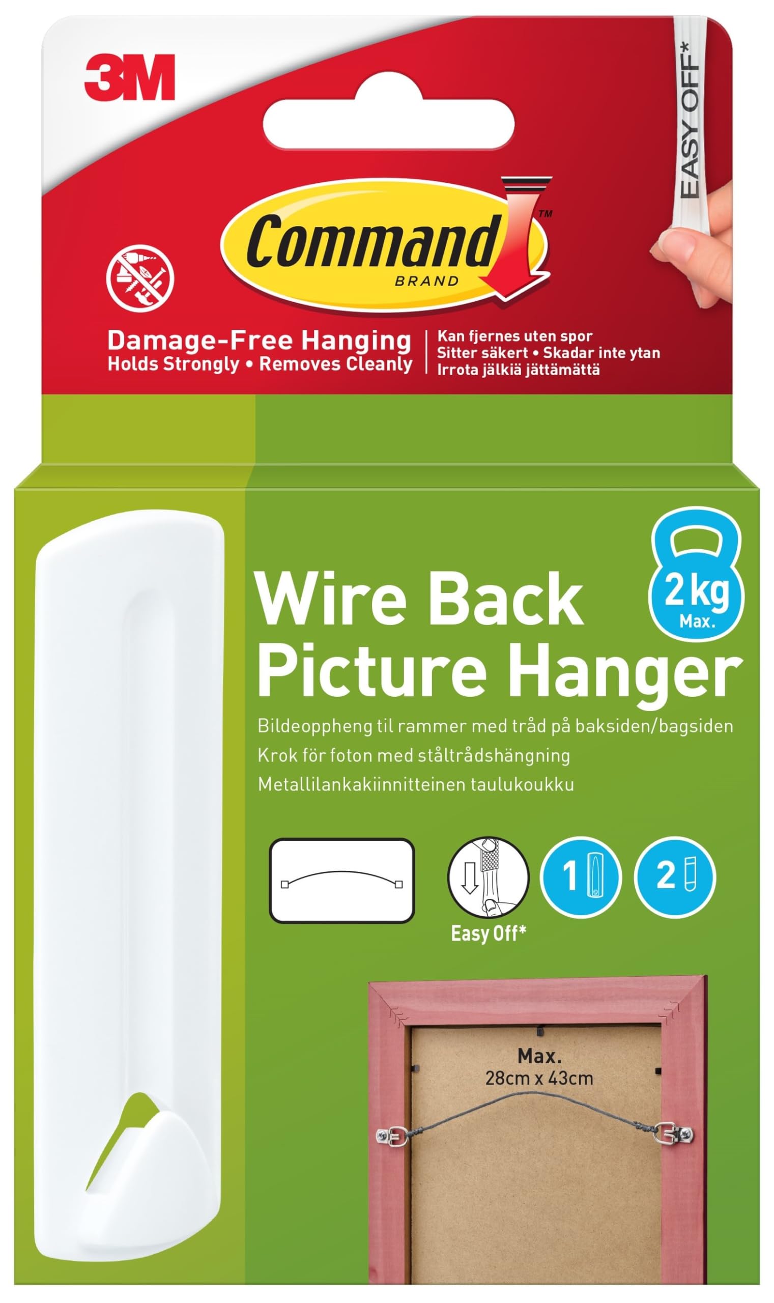 Command Wire-Backed Picture Hanger - 1 Hanger and 2 Adhesive Strips, White - Damage Free Hanging - for Wire-Backed Frames - Holds up to 2 kg